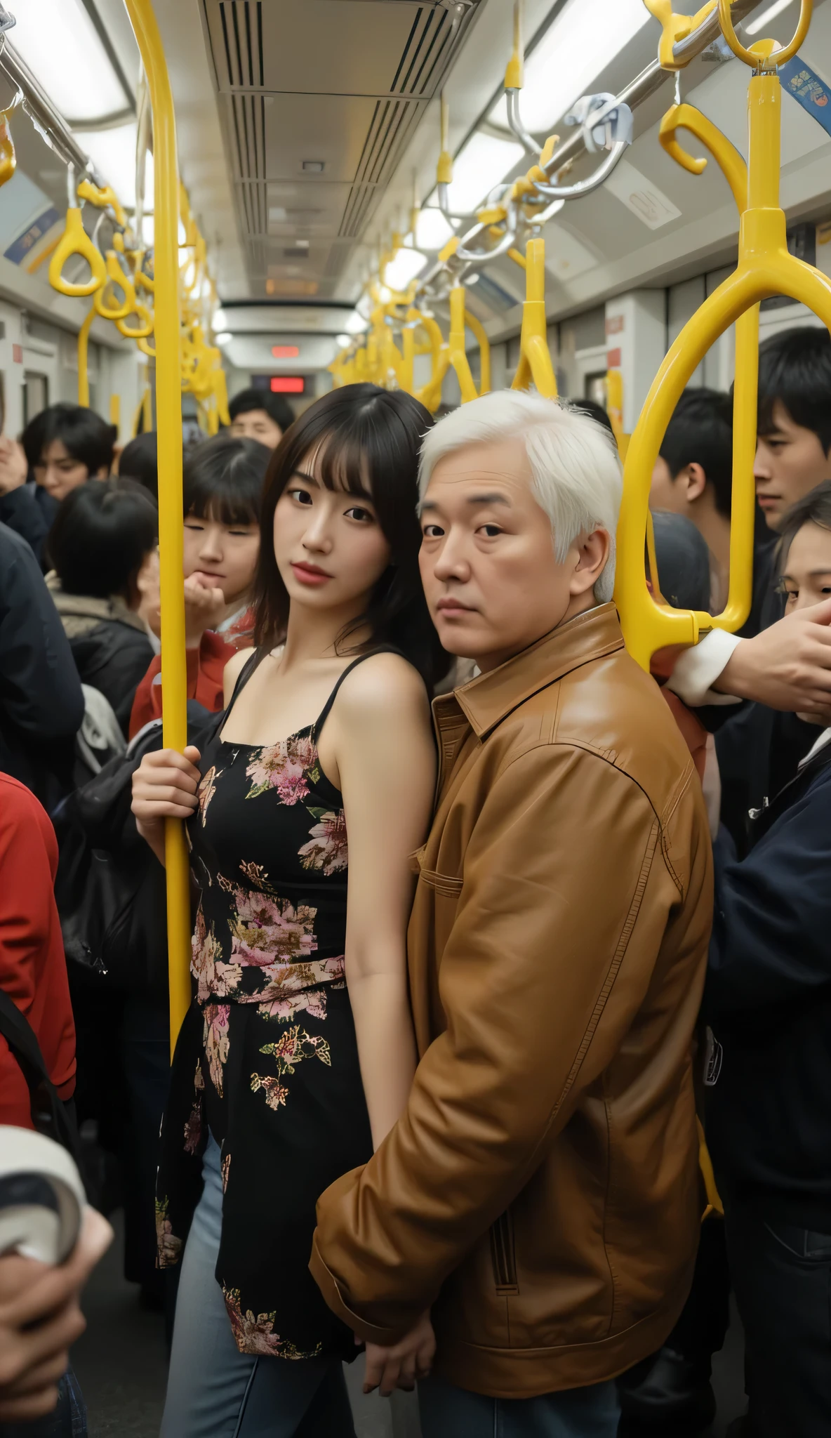 Amid the crowds of TOKYO subway passengers at rush hour, a beautiful Japanese woman and her boyfriend a young Japanese man with white hair and fat body are trapped in a dense stream of passengers. They stood in a row sideways in the crowded subway. The body of an old man was next to the woman so that he could barely move. They were holding on to the yellow hanging handle. Their clothing was casual, cold dress shoulder dengan motif bunga. Men wearing brown leather jackets and denim pants. Female facial expressions are very seductive. This photo was taken by a hidden camera behind the backs of other passengers, kamera medium close-up, foto tampak samping.