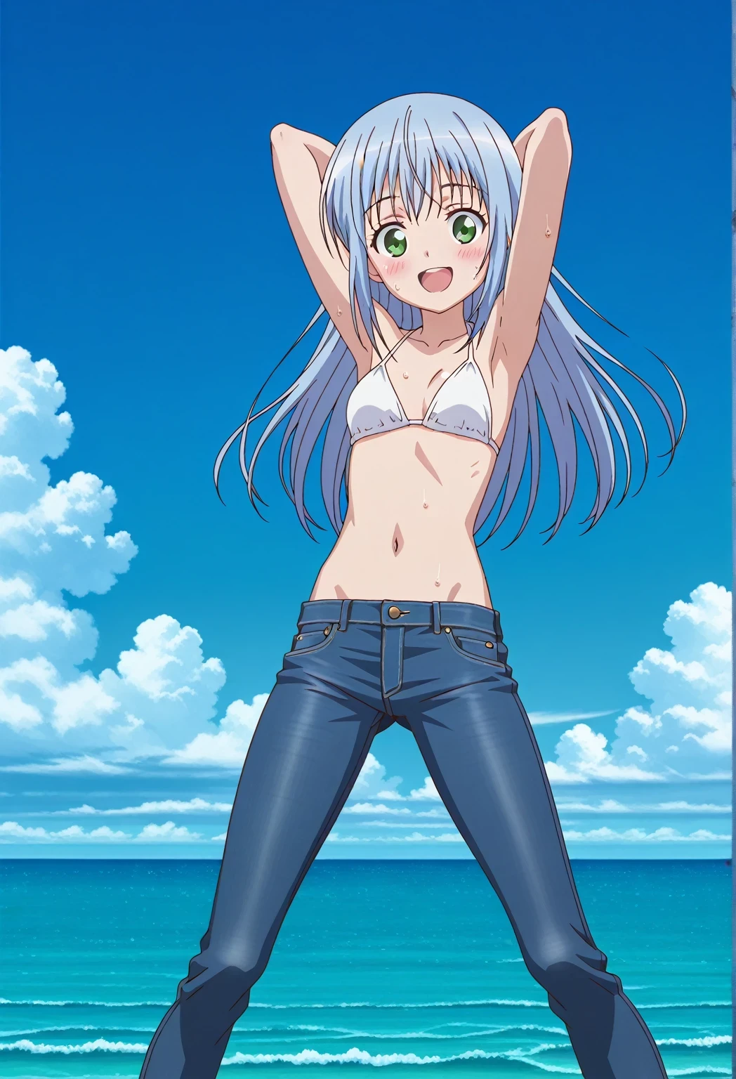 score_9, score_8_up, score_7_up, source_anime, highres, hi res, ((best quality, top quality, perfect quality, Highest Quality, amazing quality)), {{masterpiece}}, {{an extremely delicate and beautiful}}, 2d, intricate details, official style, anime, 8k, anime style, official_anime, official art, digital painting, cell shading, soft shading, high resolution, soothing tones, Subdued Color, Soft cinematic light, adobe lightroom, photolab, HDR, intricately and hyper-detailed, ((high quality animation)), 1 girl, Alone, solo, ((ocean)), tsunami, on the water, day, sunny, outdoors, sky, windy, index librorum prohibitorum, green eyes, light blue hair, long hair, anime screencap, small breasts, white bikini top, best quality, hyper-detailed jeans, ((blue jeans:1.9)), (dark blue jeans:0.6), full medium body, medium shot, Open mouth, smiling, happy face, blush, sweat, standing, ((arms behind head:6.0)), bowlegged, jumping pose, action, looking at viewer, spread legs, Bend knees slightly, straight-on front view