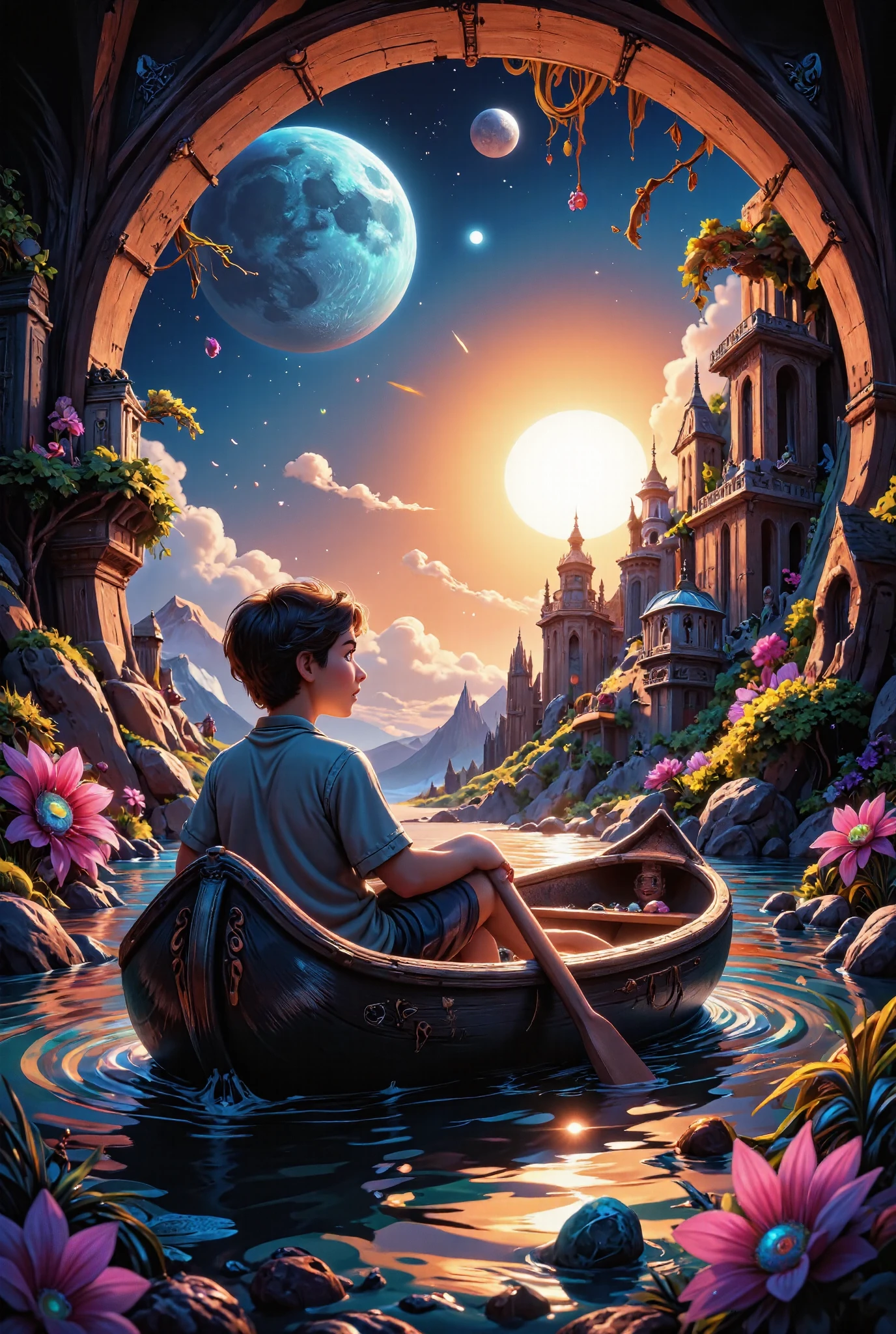 Surrealist pop art children's illustration with extreme detail, featuring a boy in a boat carved from stone with a bright glowing sun on the horizon and a smaller blue moon higher in the sky. The scene explodes with saturated colors—acid greens, electric pinks, and cobalt blues. The water beneath is rendered as interlocking puzzle pieces of different realities—some parts photorealistic ocean, others cartoon waves, others digital grid patterns. The child's thoughts manifest as neon tube-like structures that bend impossibly through dimensions, functioning as oars but occasionally transforming into flowering vines or mathematical equations. Their head appears as a miniature glass terrarium containing tiny architectural structures, floating books, and microscopic galaxies. Background elements include: giant floating eyeballs with kaleidoscopic irises, impossible Escher-like staircases leading to nowhere, and vintage scientific illustrations that come alive at the edges. The style combines vector precision with hand-drawn chaos, creating a visual feast with hundreds of discoverable details. visually depicting the meaning of the words :
"The wind and the sun and the moon and the sky, Are faithful companions,
Always by my side.
The wind blows direction. The sun is my guide.
The sea that surrounds me, Reflects the whole sky.
"As above, so below!" Said the sea to the sky, The wind blowing gently as the sun caught my eye. "As below, so above!" said the sky to the sea,
"Do I reflect you or do you reflect me?"