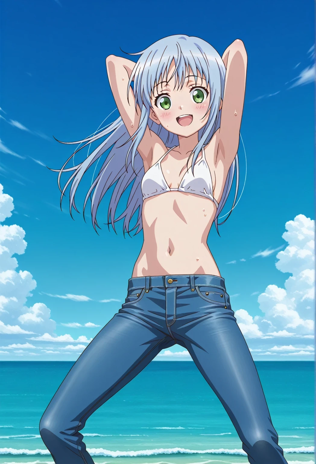 score_9, score_8_up, score_7_up, source_anime, highres, hi res, ((best quality, top quality, perfect quality, Highest Quality, amazing quality)), {{masterpiece}}, {{an extremely delicate and beautiful}}, 2d, intricate details, official style, anime, 8k, anime style, official_anime, official art, digital painting, cell shading, soft shading, high resolution, soothing tones, Subdued Color, Soft cinematic light, adobe lightroom, photolab, HDR, intricately and hyper-detailed, ((high quality animation)), 1 girl, Alone, solo, ((ocean)), tsunami, on the water, day, sunny, outdoors, sky, windy, index librorum prohibitorum, green eyes, light blue hair, long hair, anime screencap, small breasts, white bikini top, best quality, hyper-detailed jeans, ((blue jeans:1.9)), (dark blue jeans:0.6), full medium body, medium shot, Open mouth, smiling, happy face, blush, sweat, standing, ((arms behind head:6.0)), bowlegged, jumping pose, action, looking at viewer, spread legs, Bend knees slightly, straight-on front view