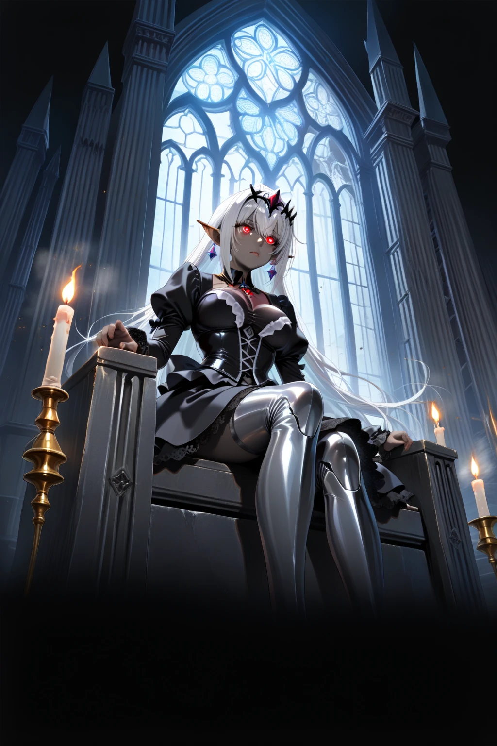 (masterpiece:1.2), (8k:1.2), (pale skin:1.2), (red eyes:1.3), (dark:1.3), (night:1.1), (throne:1.4), sitting, crossed legs, (dutch angle:1.1), (indoors:1.2), (moon:1.1), (supernatural:1.2)