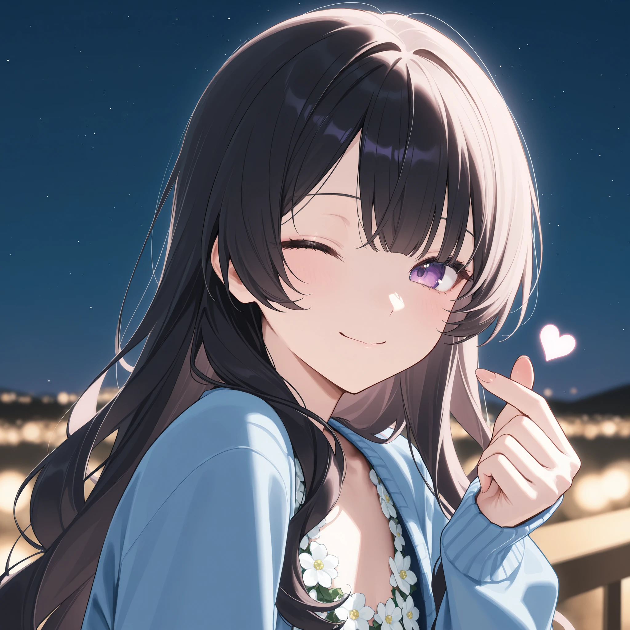 score_9, score_8_up, score_7_up, masterpiece, best quality, detailed face, 1 girl, solo, beautiful, modest chest, slender body, mature, light makeup, adorable, closed mouth, sweet smile, left closed eye,
Very long hair, middle split bangs, black hair, curly hair, purple eyes, blue cardigan outer, white flower dress inner, finger heart,
outdoor background, starry sky, happy, hair flow, night, depth of field, bloom, soft lighting, best composition, looking at viewer, from the front, from the side, dynamic, character focus, close up,