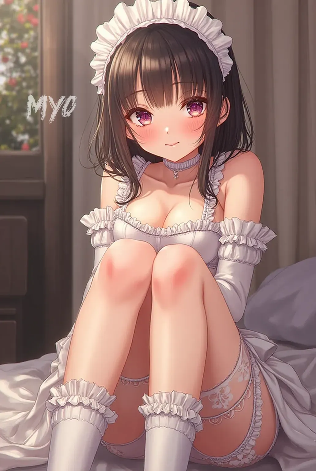 woman, Frill dress、Spread your legs wide、From below、Fly Hearts、Sweaty、Embarrassing、Anal Sex、Shortcuts、tits、Black Hair、bed