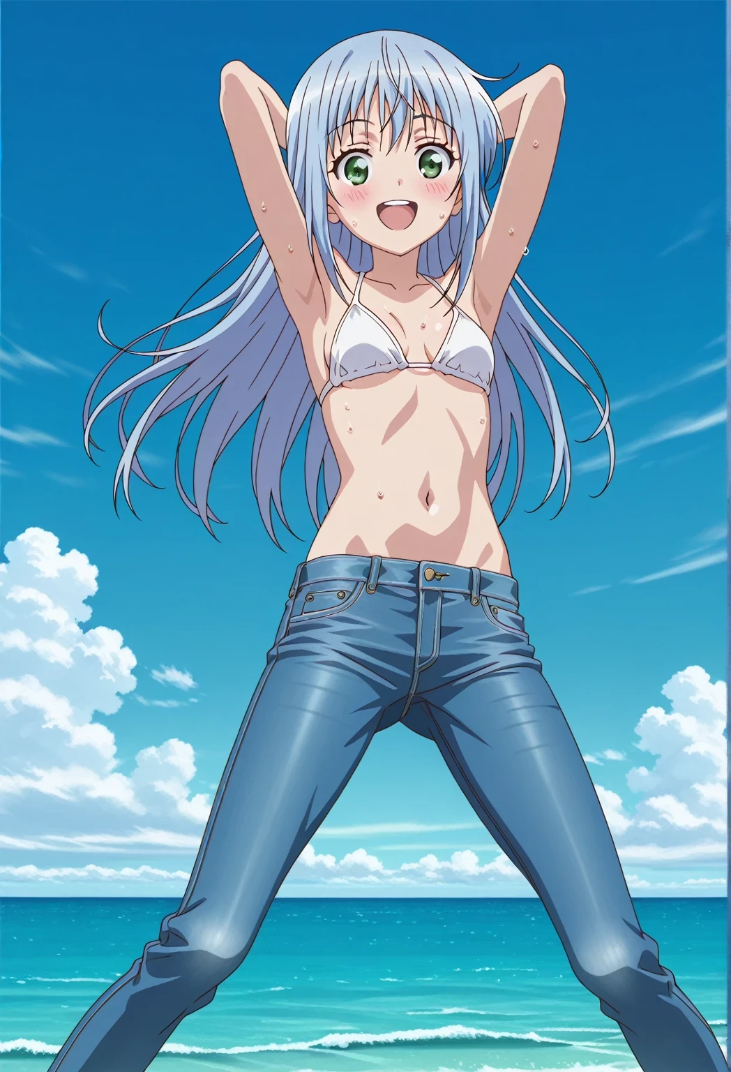 score_9, score_8_up, score_7_up, source_anime, highres, hi res, ((best quality, top quality, perfect quality, Highest Quality, amazing quality)), {{masterpiece}}, {{an extremely delicate and beautiful}}, 2d, intricate details, official style, anime, 8k, anime style, official_anime, official art, digital painting, cell shading, soft shading, high resolution, soothing tones, Subdued Color, Soft cinematic light, adobe lightroom, photolab, HDR, intricately and hyper-detailed, ((high quality animation)), 1 girl, Alone, solo, ((ocean)), tsunami, on the water, day, sunny, outdoors, sky, windy, index librorum prohibitorum, green eyes, light blue hair, long hair, anime screencap, small breasts, white bikini top, best quality, hyper-detailed jeans, ((blue jeans:1.9)), (dark blue jeans:0.6), full medium body, medium shot, Open mouth, smiling, happy face, blush, sweat, standing, ((arms behind head:6.0)), bowlegged, jumping pose, action, looking at viewer, spread legs, Bend knees slightly, straight-on front view