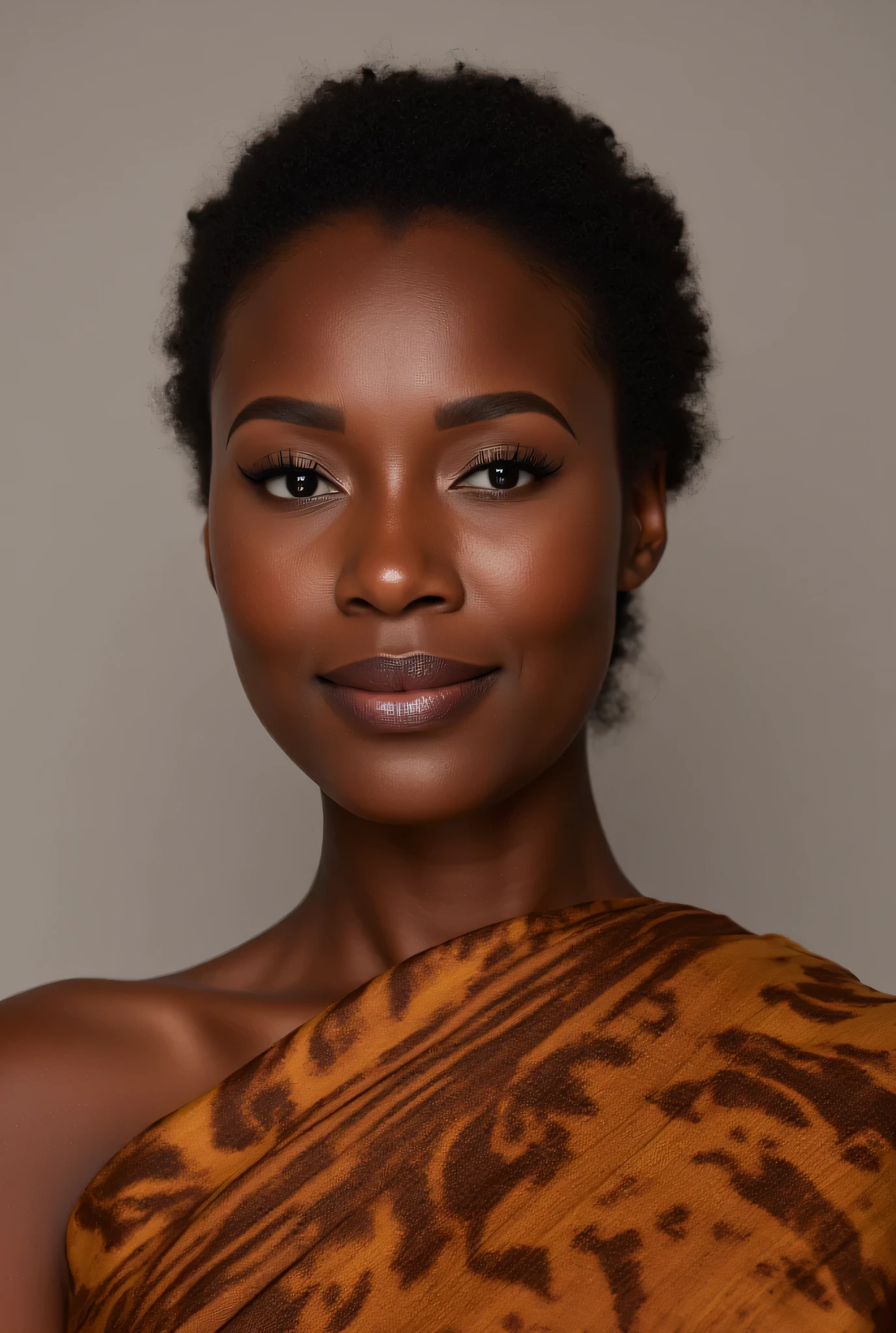 A photography of a beautiful African woman dressed in brown