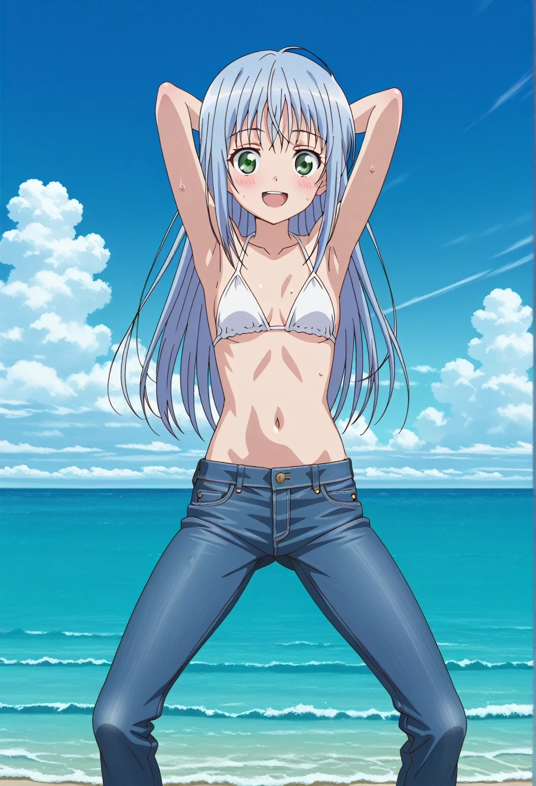 score_9, score_8_up, score_7_up, source_anime, highres, hi res, ((best quality, top quality, perfect quality, Highest Quality, amazing quality)), {{masterpiece}}, {{an extremely delicate and beautiful}}, 2d, intricate details, official style, anime, 8k, anime style, official_anime, official art, digital painting, cell shading, soft shading, high resolution, soothing tones, Subdued Color, Soft cinematic light, adobe lightroom, photolab, HDR, intricately and hyper-detailed, ((high quality animation)), 1 girl, Alone, solo, ((ocean)), tsunami, on the water, day, sunny, outdoors, sky, windy, index librorum prohibitorum, green eyes, light blue hair, long hair, anime screencap, small breasts, white bikini top, best quality, hyper-detailed jeans, ((blue jeans:1.9)), (dark blue jeans:0.6), full medium body, medium shot, Open mouth, smiling, happy face, blush, sweat, standing, ((arms behind head:6.0)), bowlegged, jumping pose, action, looking at viewer, spread legs, Bend knees slightly, straight-on front view