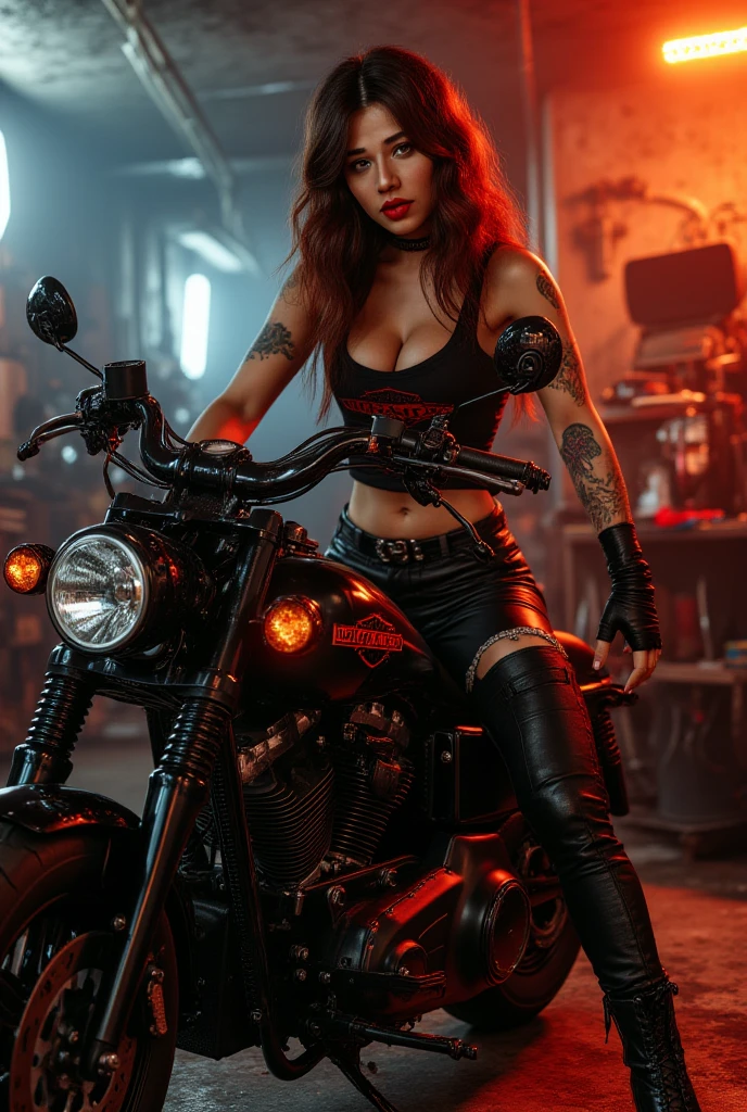 Uma linda motociclista posando na frente de uma motocicleta futurista, the motorcycle has skulls and blue flames highly detailed 3D graphics, night scenery with full moon in the background, she is wearing a tight black top with 3D skulls and flames and Daisy Duke shorts, HDR, epic realism, high-octane rendering, obra de arte,