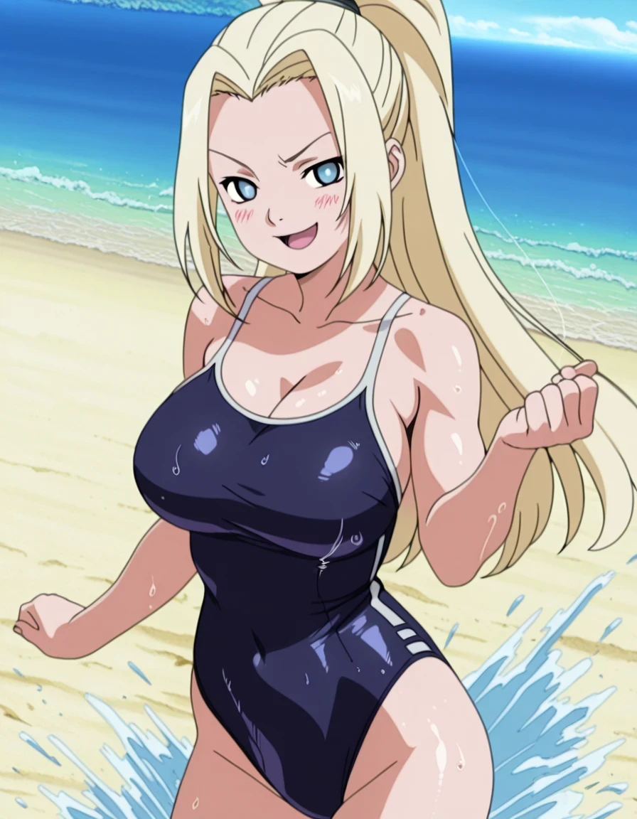 傑作、best quality、best resolution、best image quality、amazing quality、 very aesthetic、 absurdres、anime coloring、anime screencap、anime screenshot、1girl、<lora:ino-yamanaka-s1-illustriousxl-lora-nochekaiser:1>、ino yamanaka、solo、13 years old、blonde hair、blue eyes、high ponytail hair、big breasts、cleavage、large breasts、large boobs、<lora:competition-school-swimsuit-ponyxl-lora-nochekaiser:1>、competition school swimsuit、school swimsuit、trace swimsuit、navy blue one-piece swimsuit、one-piece swimsuit、swimsuit、wet swimsuit、single vertical stripe、high leg cut、deltoids、biceps、triceps、brachioradialis、bare shoulders、bare arms、bare crotch、bare thighs、bare legs、collarbone、trapezius、covered navel、Ocean、Beach、splashing、smile、smug、open mouth、blush、looking at viewer、cowboy shot、female focus、dutch angle、