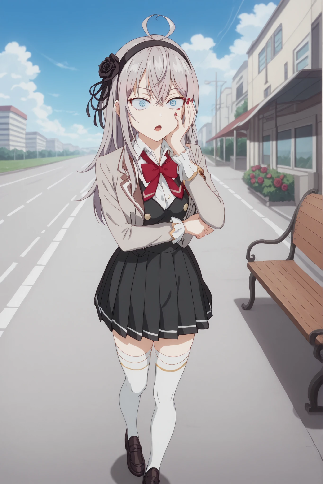 school uniform, grey jacket, open jacket, long sleeves, red bowtie, white shirt, collared shirt, buttons, black vest, pleated skirt, white thighhighs, black loafers,alisa mikhailovna kujou, long hair, silver hair, ahoge, crossed bangs, red hair ribbon, sidelocks, blue eyes,,anime screencap,, dagashi kashi, solo, looking at viewer, open mouth, hair ornament, bow, flower, short sleeves, outdoors, frills, hairband, sky, day, cloud, hair flower, nail polish, rose, red nails, hand on own face, breast hold, hand on own cheek, ringed eyes, road, bench, black flower, sidewalk,