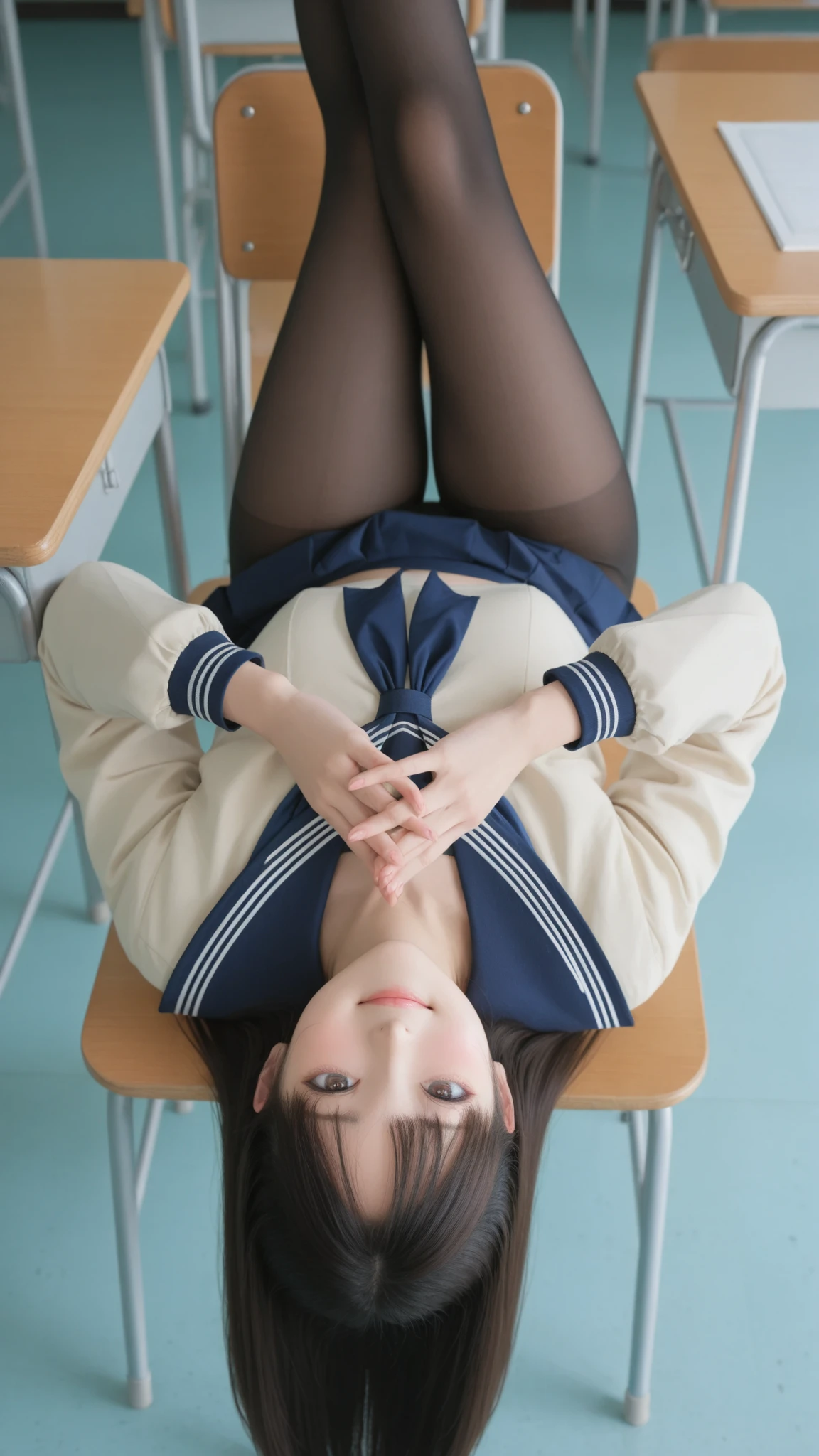 score_9, score_8_ up, score_7_ up, s uper detailed, Hausmo style , 32K, masterpiece , Highest Quality , s uper high definition , beautiful face and eye details while sitting in a luxurious chair in my room filled the classroom , Lying on the Ocean , dark haired, straight hair ,smile, Sailor suits and tights filled the classroom , Turn your hands upside down , Walk slowly , wear a modern style jacket 。 From a viewpoint , viewers, beautiful Japanese woman rushing to class