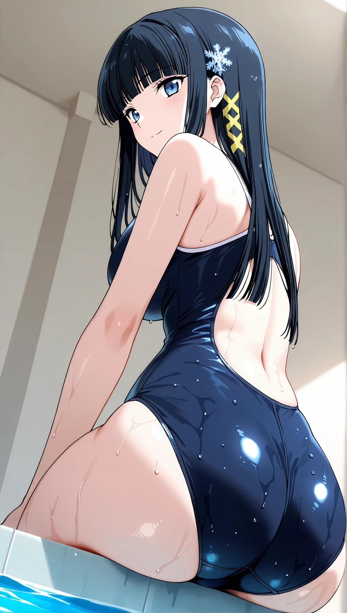 [[miyuki250219]],1lady, beauty, glossy lips,Rouge,detail eyes,dynamic angle,from below,(poolside:1.3),anime,from behind,

shiba miyuki, black hair,long hair, blunt bangs, eyebrows visible through hair, blue eyes, snowflake hair ornament, (yellow x hair ornament:1.3),school swim suit, , ,(large breasts:0.8),light smile,

,cowboy shot,Archerjeanne2nd,one-piece swimsuit,wet,sitting,

 score_9, score_8_up , score_7_up , score_6_up , score_5_up , score_4_up ,Clip skip :2,(masterpiece:1.3), (extremely detailed CG unity 8k wallpaper),top quality , amazing quality, high resolution, Absurd, very aesthetic, high resolution, (ultra detail), perfect detail,(extremely detailed CG,masterpiece, highres icon,absurdres,4K),
