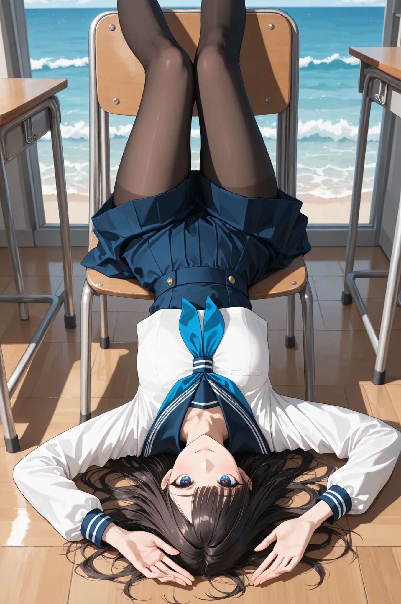 score_9, score_8_ up, score_7_ up, s uper detailed, Hausmo style , 32K, masterpiece , Highest Quality , s uper high definition , beautiful face and eye details while sitting in a luxurious chair in my room filled the classroom , Lying on the Ocean , dark haired, straight hair ,smile, Sailor suits and tights filled the classroom , Turn your hands upside down , Walk slowly , wear a modern style jacket 。 From a viewpoint , viewers, beautiful Japanese woman rushing to class