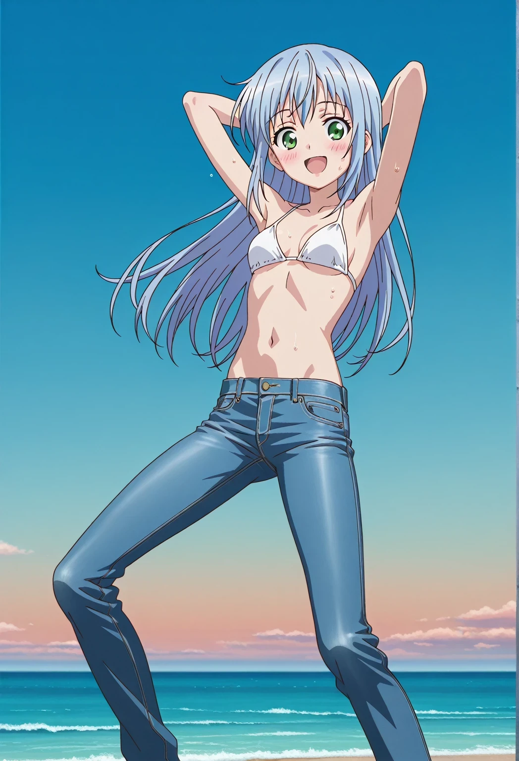 score_9, score_8_up, score_7_up, source_anime, highres, hi res, ((best quality, top quality, perfect quality, Highest Quality, amazing quality)), {{masterpiece}}, {{an extremely delicate and beautiful}}, 2d, intricate details, official style, anime, 8k, anime style, official_anime, official art, digital painting, cell shading, soft shading, high resolution, soothing tones, Subdued Color, Soft cinematic light, adobe lightroom, photolab, HDR, intricately and hyper-detailed, ((high quality animation)), 1 girl, Alone, solo, ((ocean)), tsunami, on the water, day, sunny, outdoors, sky, windy, index librorum prohibitorum, green eyes, light blue hair, long hair, anime screencap, small breasts, white bikini top, best quality, hyper-detailed jeans, ((blue jeans:1.9)), (dark blue jeans:0.6), full medium body, medium shot, Open mouth, smiling, happy face, blush, sweat, standing, ((arms behind head:6.0)), bowlegged, jumping pose, action, looking at viewer, spread legs, Bend knees slightly, straight-on front view