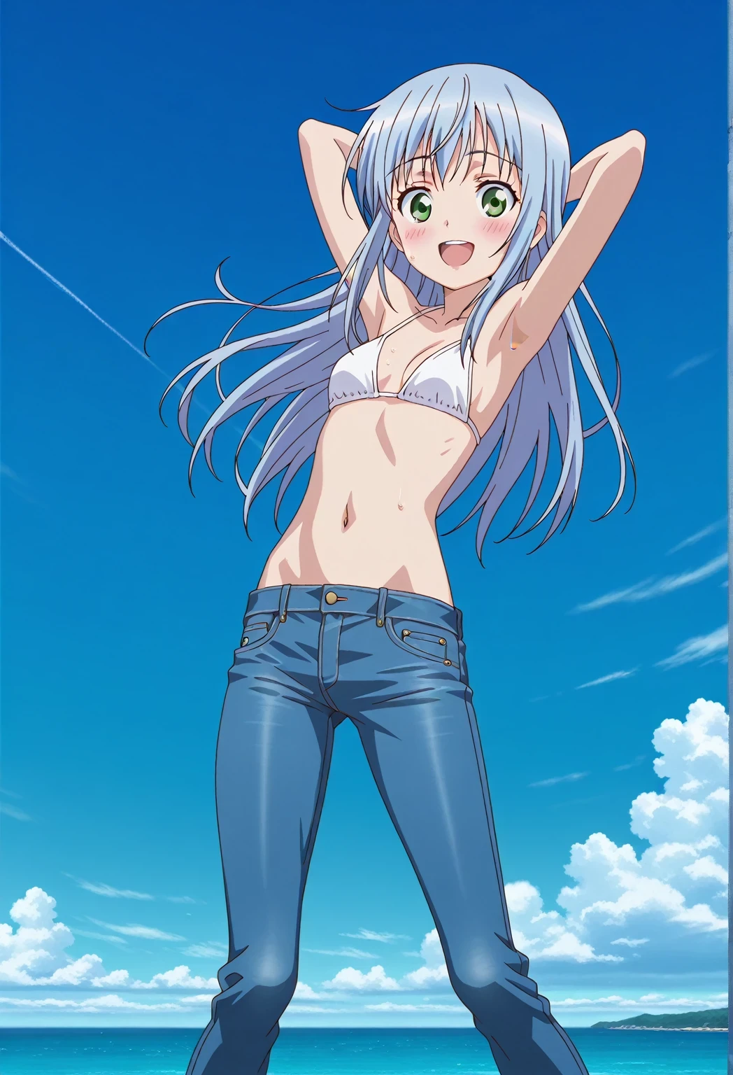 score_9, score_8_up, score_7_up, source_anime, highres, hi res, ((best quality, top quality, perfect quality, Highest Quality, amazing quality)), {{masterpiece}}, {{an extremely delicate and beautiful}}, 2d, intricate details, official style, anime, 8k, anime style, official_anime, official art, digital painting, cell shading, soft shading, high resolution, soothing tones, Subdued Color, Soft cinematic light, adobe lightroom, photolab, HDR, intricately and hyper-detailed, ((high quality animation)), 1 girl, Alone, solo, ((ocean)), tsunami, on the water, day, sunny, outdoors, sky, windy, index librorum prohibitorum, green eyes, light blue hair, long hair, anime screencap, small breasts, white bikini top, best quality, hyper-detailed jeans, ((blue jeans:1.9)), (dark blue jeans:0.6), full medium body, medium shot, Open mouth, smiling, happy face, blush, sweat, standing, ((arms behind head:6.0)), bowlegged, jumping pose, action, looking at viewer, spread legs, Bend knees slightly, straight-on front view