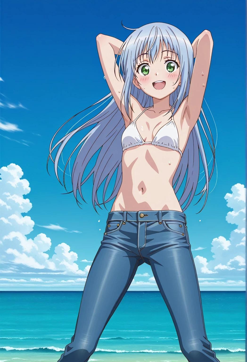 score_9, score_8_up, score_7_up, source_anime, highres, hi res, ((best quality, top quality, perfect quality, Highest Quality, amazing quality)), {{masterpiece}}, {{an extremely delicate and beautiful}}, 2d, intricate details, official style, anime, 8k, anime style, official_anime, official art, digital painting, cell shading, soft shading, high resolution, soothing tones, Subdued Color, Soft cinematic light, adobe lightroom, photolab, HDR, intricately and hyper-detailed, ((high quality animation)), 1 girl, Alone, solo, ((ocean)), tsunami, on the water, day, sunny, outdoors, sky, windy, index librorum prohibitorum, green eyes, light blue hair, long hair, anime screencap, small breasts, white bikini top, best quality, hyper-detailed jeans, ((blue jeans:1.9)), (dark blue jeans:0.6), full medium body, medium shot, Open mouth, smiling, happy face, blush, sweat, standing, ((arms behind head:6.0)), bowlegged, jumping pose, action, looking at viewer, spread legs, Bend knees slightly, straight-on front view