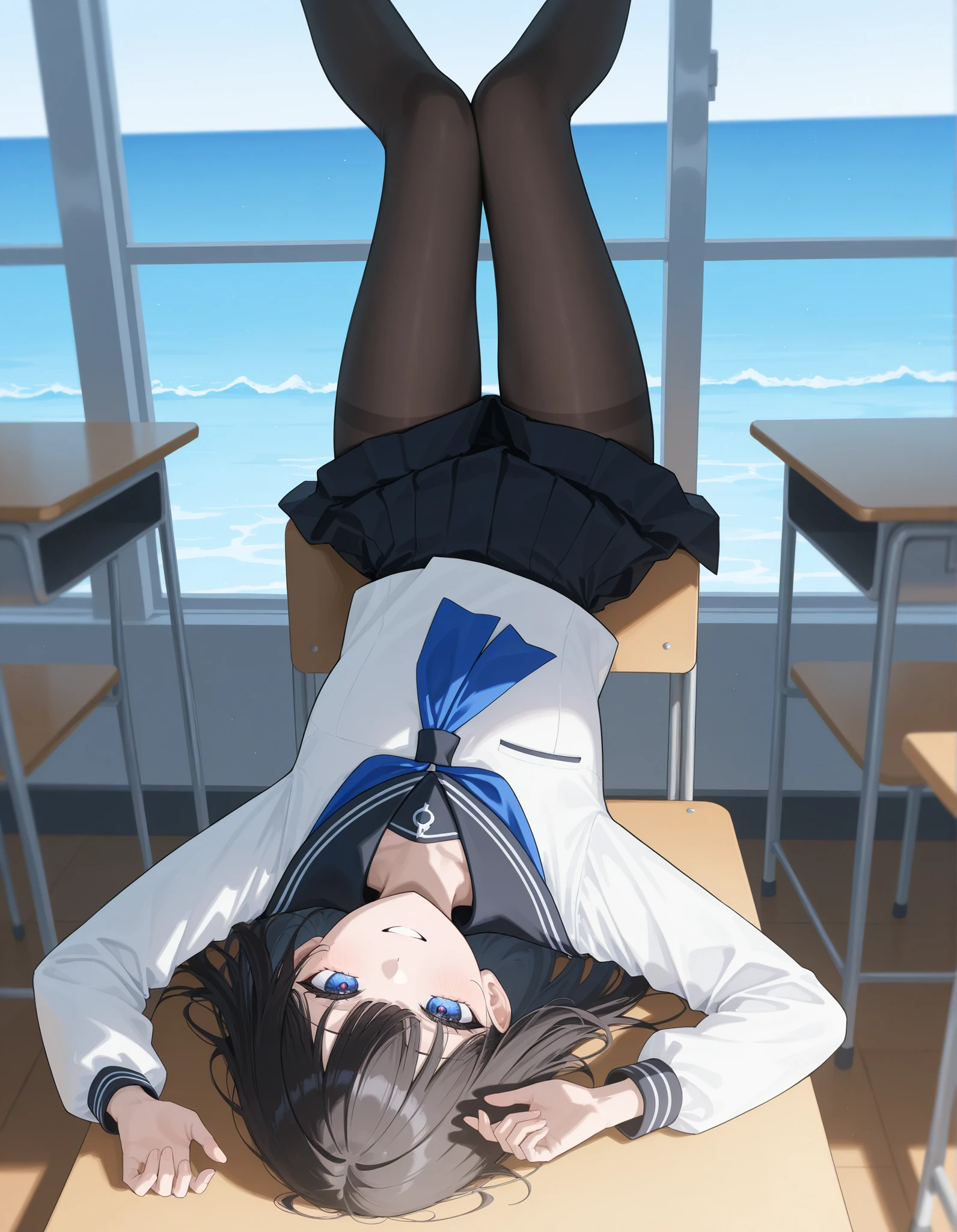 score_9, score_8_ up, score_7_ up, s uper detailed, Hausmo style , 32K, masterpiece , Highest Quality , s uper high definition , beautiful face and eye details while sitting in a luxurious chair in my room filled the classroom , Lying on the Ocean , dark haired, straight hair ,smile, Sailor suits and tights filled the classroom , Turn your hands upside down , Walk slowly , wear a modern style jacket 。 From a viewpoint , viewers, beautiful Japanese woman rushing to class