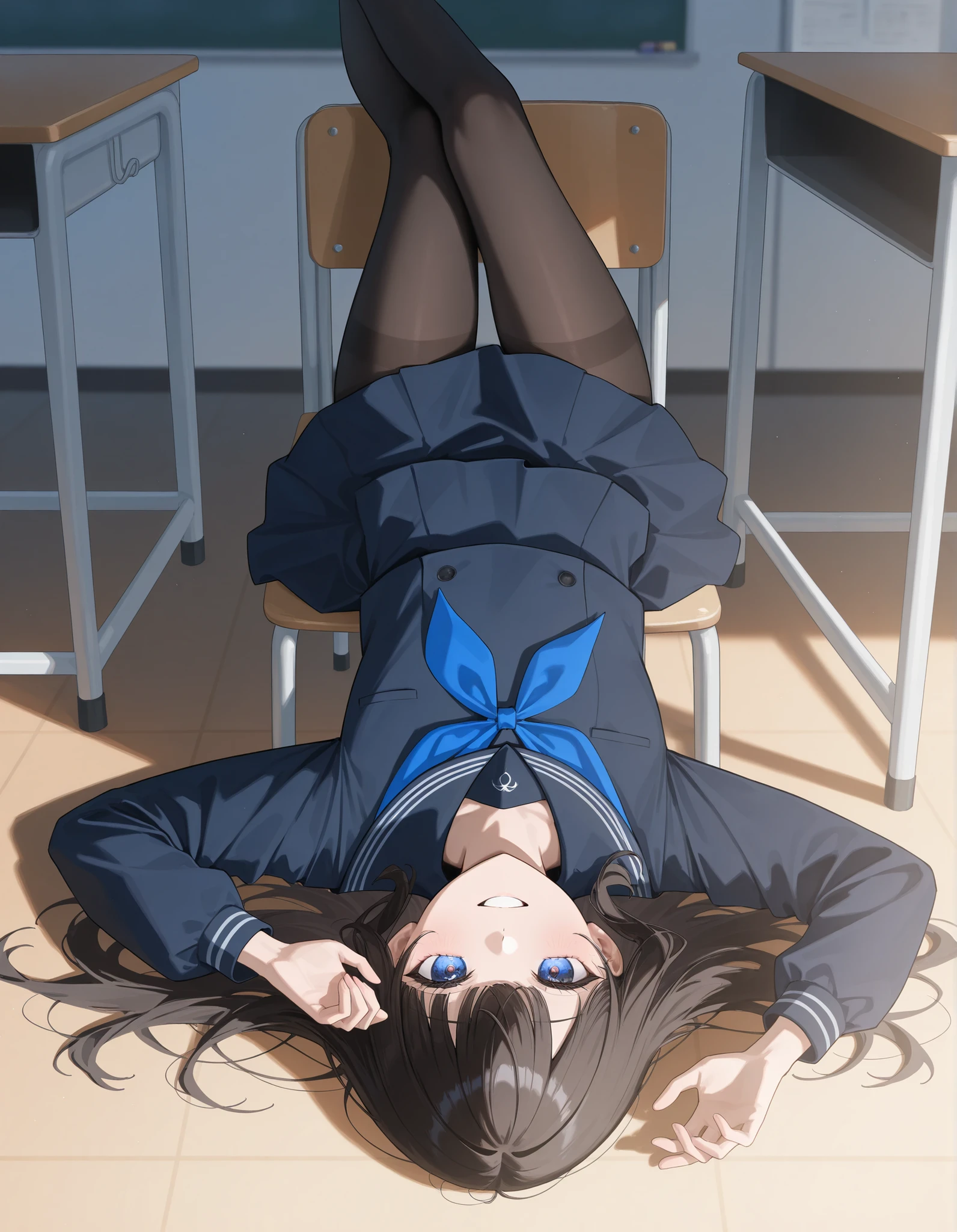 score_9, score_8_ up, score_7_ up, s uper detailed, Hausmo style , 32K, masterpiece , Highest Quality , s uper high definition , beautiful face and eye details while sitting in a luxurious chair in my room filled the classroom , Lying on the Ocean , dark haired, straight hair ,smile, Sailor suits and tights filled the classroom , Turn your hands upside down , Walk slowly , wear a modern style jacket 。 From a viewpoint , viewers, beautiful Japanese woman rushing to class