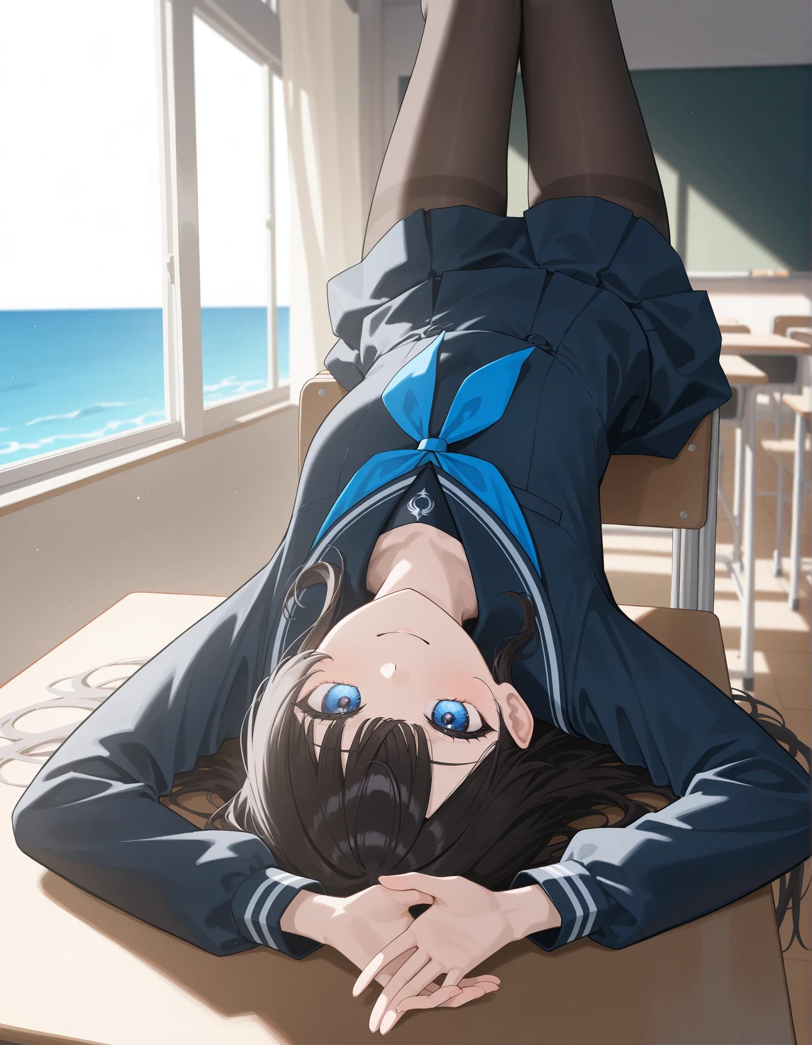 score_9, score_8_ up, score_7_ up, s uper detailed, Hausmo style , 32K, masterpiece , Highest Quality , s uper high definition , beautiful face and eye details while sitting in a luxurious chair in my room filled the classroom , Lying on the Ocean , dark haired, straight hair ,smile, Sailor suits and tights filled the classroom , Turn your hands upside down , Walk slowly , wear a modern style jacket 。 From a viewpoint , viewers, beautiful Japanese woman rushing to class
