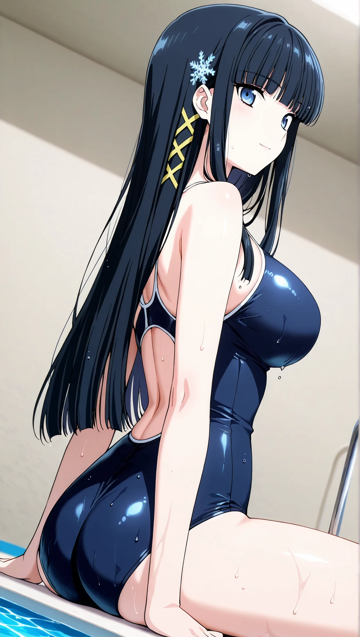 [[miyuki250219]],1lady, beauty, glossy lips,Rouge,detail eyes,dynamic angle,from below,(poolside:1.3),anime,from behind,

shiba miyuki, black hair,long hair, blunt bangs, eyebrows visible through hair, blue eyes, snowflake hair ornament, (yellow x hair ornament:1.3),school swim suit, , ,(large breasts:0.8),light smile,

,cowboy shot,Archerjeanne2nd,one-piece swimsuit,wet,sitting,

 score_9, score_8_up , score_7_up , score_6_up , score_5_up , score_4_up ,Clip skip :2,(masterpiece:1.3), (extremely detailed CG unity 8k wallpaper),top quality , amazing quality, high resolution, Absurd, very aesthetic, high resolution, (ultra detail), perfect detail,(extremely detailed CG,masterpiece, highres icon,absurdres,4K),
