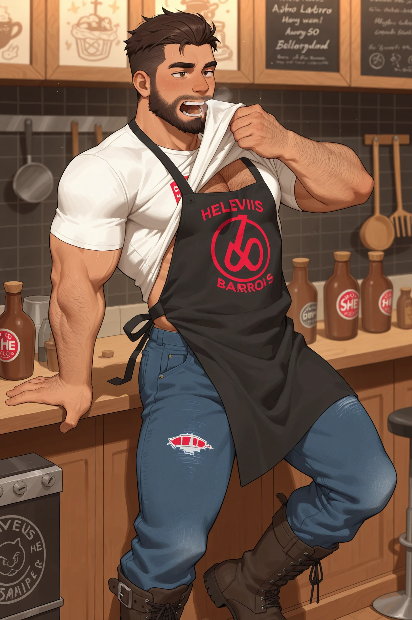 (: 1.5), (handsome Man sitting on table eating bread ),(crew cut short hair:1.8),black eye,(Wear a fitted round neck t-shirt in navy with a police badge.:1.5),(fit neck),Navy blue jeans,(black_gloves:1.2), Korean guy,chest muscles,large arm muscles,blood vessel,Big muscles,Broad shoulders, (open mouth:1.5),(face up:1.2),(close eyes:1.5), middle of the road, In the bread shop, ( :1.8), ( very long: 1.6),  very Big, (Big ), ( of the : 1.6), ((very big, very long )), , hold your hand on your , () , bread in hand 