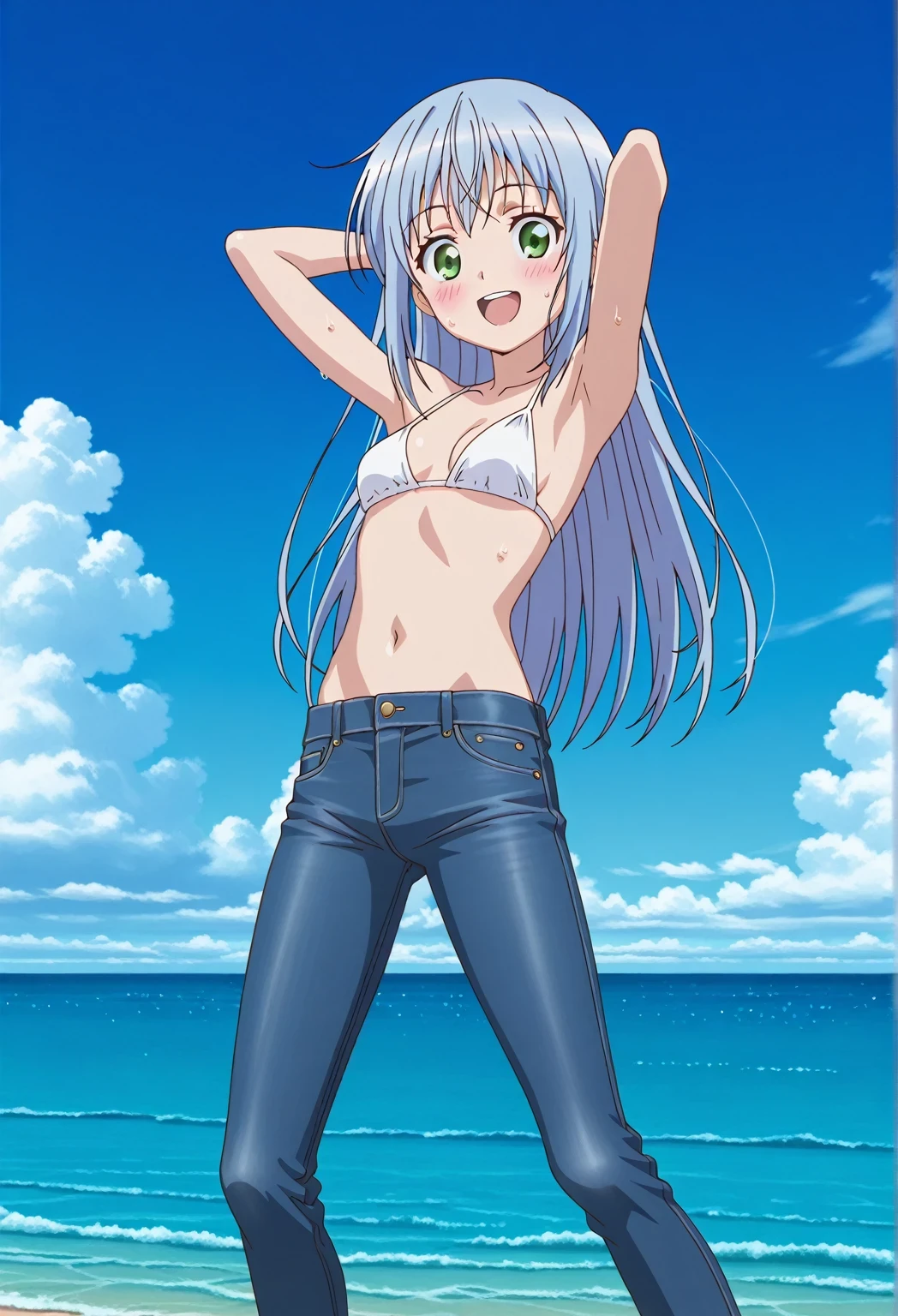 score_9, score_8_up, score_7_up, source_anime, highres, hi res, ((best quality, top quality, perfect quality, Highest Quality, amazing quality)), {{masterpiece}}, {{an extremely delicate and beautiful}}, 2d, intricate details, official style, anime, 8k, anime style, official_anime, official art, digital painting, cell shading, soft shading, high resolution, soothing tones, Subdued Color, Soft cinematic light, adobe lightroom, photolab, HDR, intricately and hyper-detailed, ((high quality animation)), 1 girl, Alone, solo, ((ocean)), tsunami, on the water, day, sunny, outdoors, sky, windy, index librorum prohibitorum, green eyes, light blue hair, long hair, anime screencap, small breasts, white bikini top, best quality, hyper-detailed jeans, ((blue jeans:1.9)), (dark blue jeans:0.6), full medium body, medium shot, Open mouth, smiling, happy face, blush, sweat, standing, ((arms behind head:6.0)), bowlegged, jumping pose, action, looking at viewer, spread legs, Bend knees slightly, straight-on front view