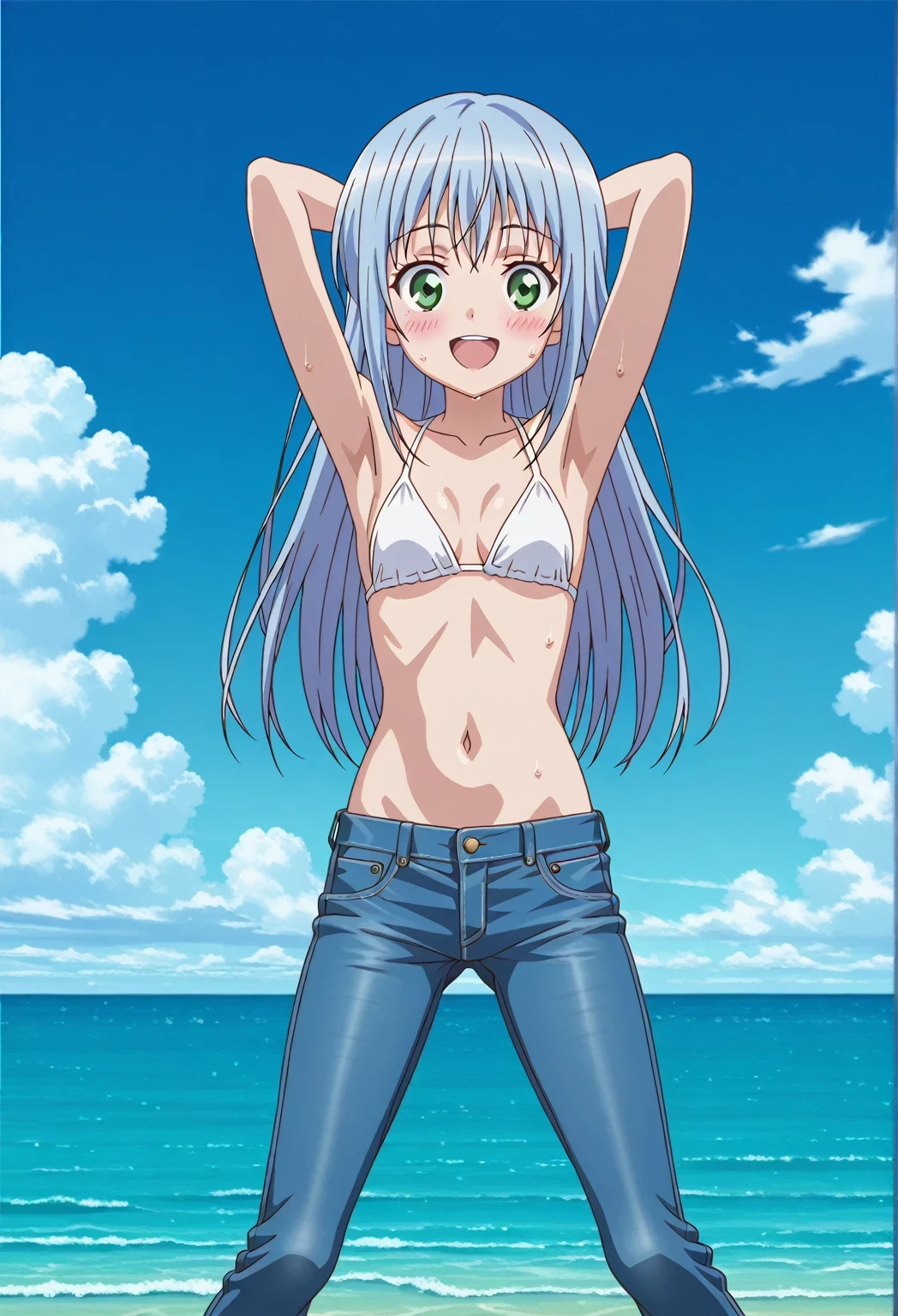 score_9, score_8_up, score_7_up, source_anime, highres, hi res, ((best quality, top quality, perfect quality, Highest Quality, amazing quality)), {{masterpiece}}, {{an extremely delicate and beautiful}}, 2d, intricate details, official style, anime, 8k, anime style, official_anime, official art, digital painting, cell shading, soft shading, high resolution, soothing tones, Subdued Color, Soft cinematic light, adobe lightroom, photolab, HDR, intricately and hyper-detailed, ((high quality animation)), 1 girl, Alone, solo, ((ocean)), tsunami, on the water, day, sunny, outdoors, sky, windy, index librorum prohibitorum, green eyes, light blue hair, long hair, anime screencap, small breasts, white bikini top, best quality, hyper-detailed jeans, ((blue jeans:1.9)), (dark blue jeans:0.6), full medium body, medium shot, Open mouth, smiling, happy face, blush, sweat, standing, ((arms behind head:6.0)), bowlegged, sliding pose, action, looking at viewer, spread legs, Bend knees slightly, straight-on front view