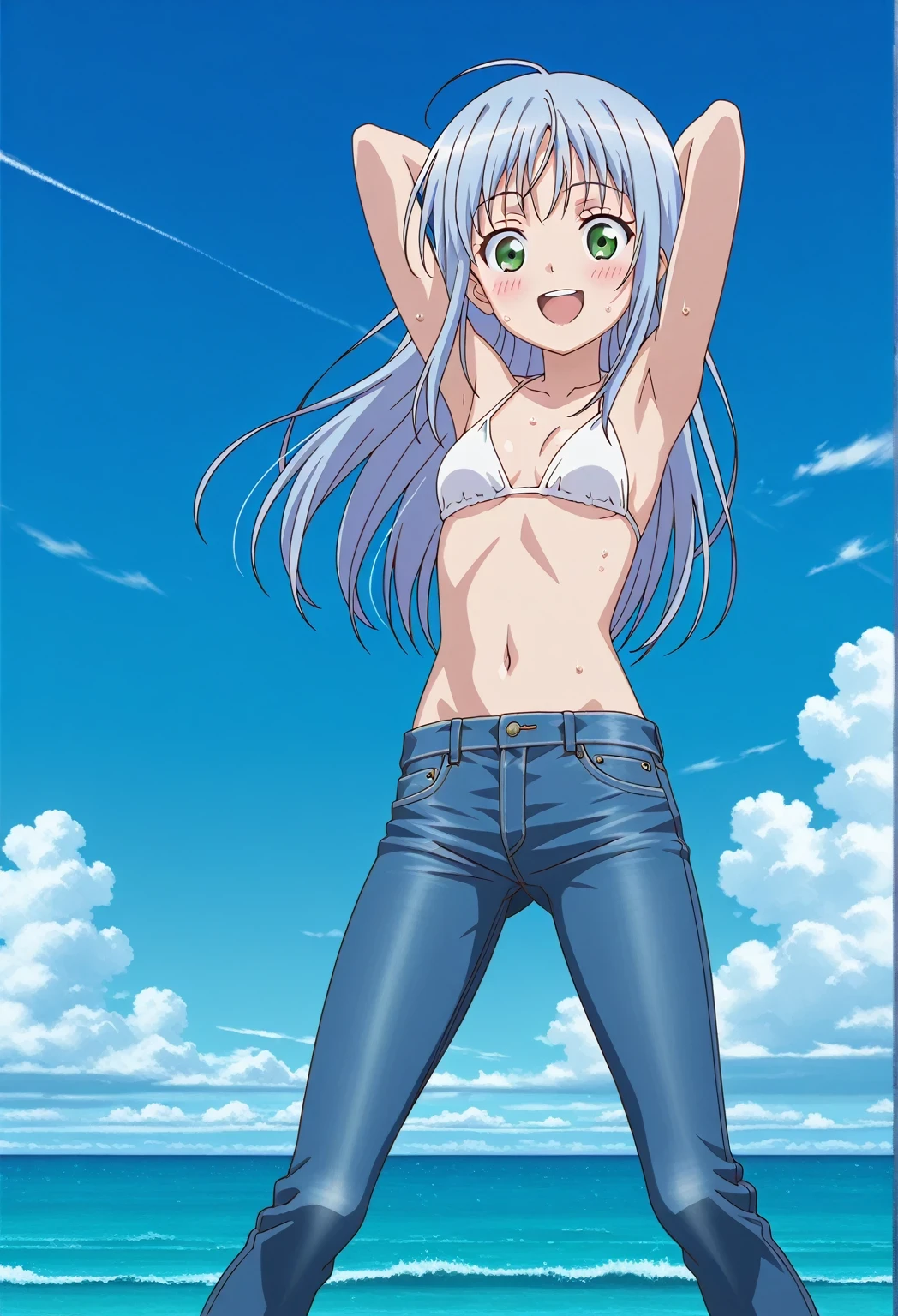 score_9, score_8_up, score_7_up, source_anime, highres, hi res, ((best quality, top quality, perfect quality, Highest Quality, amazing quality)), {{masterpiece}}, {{an extremely delicate and beautiful}}, 2d, intricate details, official style, anime, 8k, anime style, official_anime, official art, digital painting, cell shading, soft shading, high resolution, soothing tones, Subdued Color, Soft cinematic light, adobe lightroom, photolab, HDR, intricately and hyper-detailed, ((high quality animation)), 1 girl, Alone, solo, ((ocean)), tsunami, on the water, day, sunny, outdoors, sky, windy, index librorum prohibitorum, green eyes, light blue hair, long hair, anime screencap, small breasts, white bikini top, best quality, hyper-detailed jeans, ((blue jeans:1.9)), (dark blue jeans:0.6), full medium body, medium shot, Open mouth, smiling, happy face, blush, sweat, standing, ((arms behind head:6.0)), bowlegged, sliding pose, action, looking at viewer, spread legs, Bend knees slightly, straight-on front view