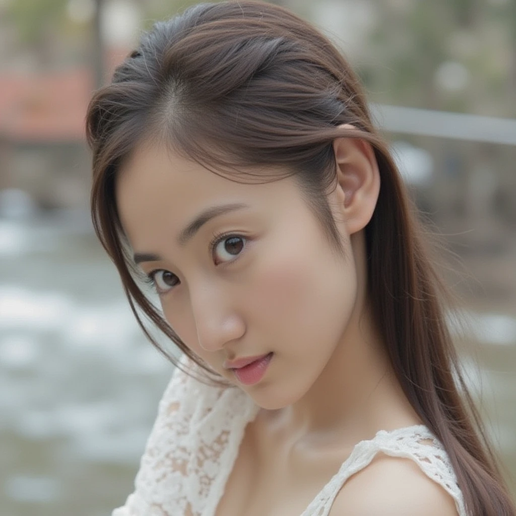 (masterpiece), (Highest quality), (High resolution),Realistic skin texture, Perfect Face, Realistic, Perfect hands, Perfect finger count, Japanese, Girl, (20-year-old), Big Eyes, Brown eyes, Brown Hair, bangs, Bun Hair, Small face, Chuckle, , (, Big, saggy boobs, ), Cute pose, Moss-covered stone wall, Sunlight filtering through the trees