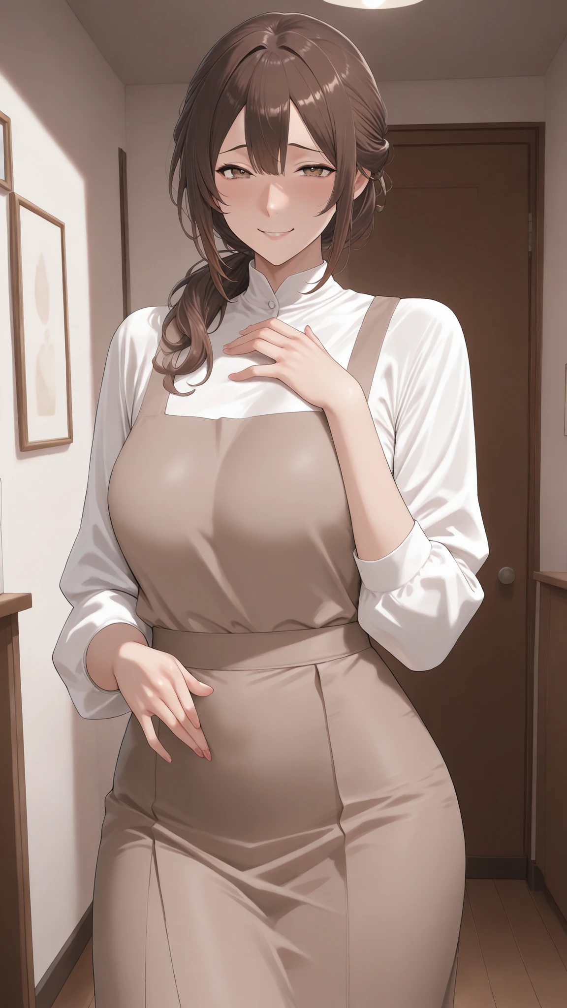 masterpiece, Highest Quality, mature女, mature, Housewife, naughty face, brown hair, chignon hair, hair between eyebrows, brown eyes, medium chest, white shirt, long brown skirt, standing in the living room, high resolution, Extremely High Image Quality,