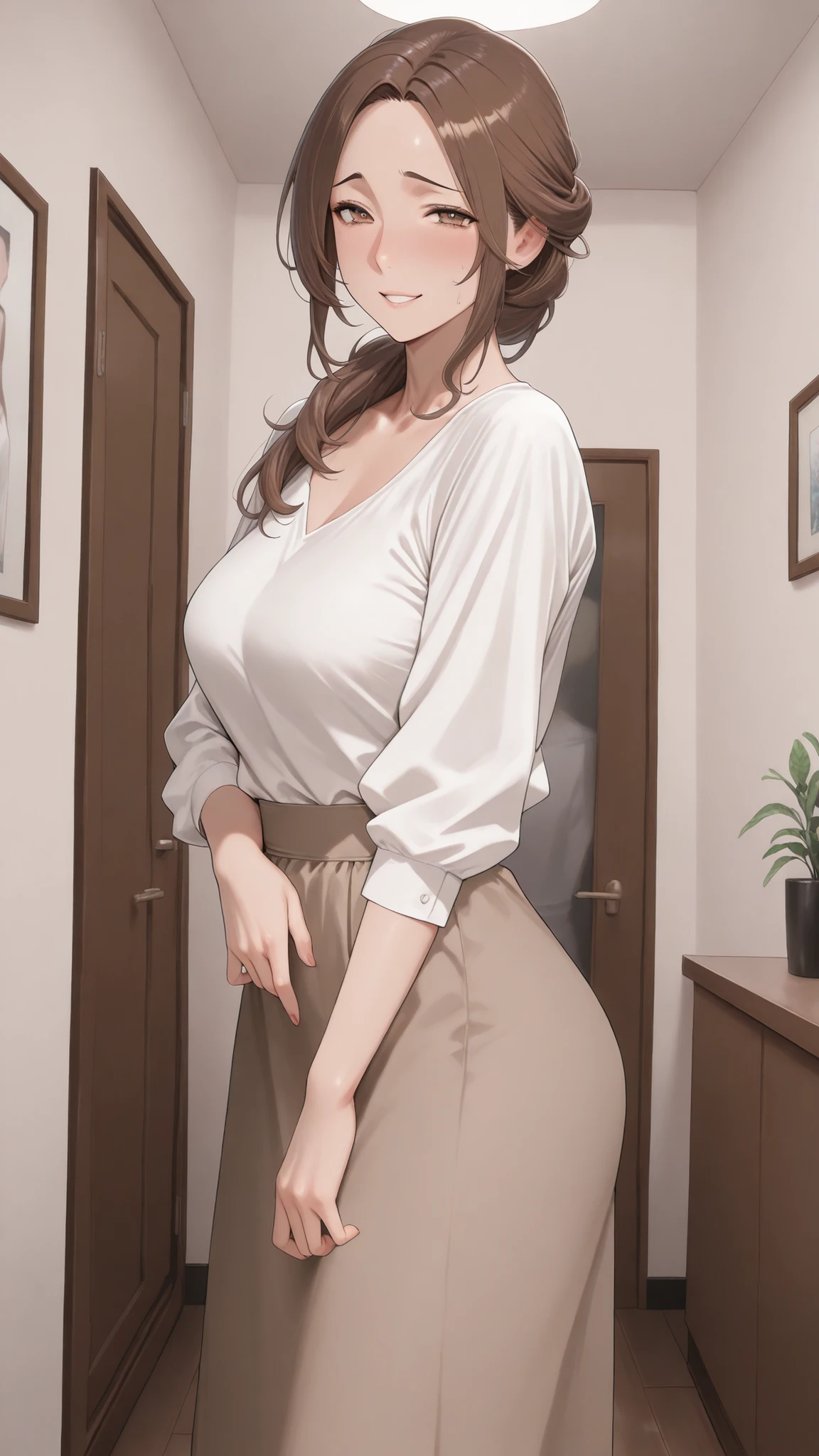 masterpiece, Highest Quality, mature女, mature, Housewife, naughty face, brown hair, chignon hair, hair between eyebrows, brown eyes, medium chest, white shirt, long brown skirt, standing in the living room, high resolution, Extremely High Image Quality,