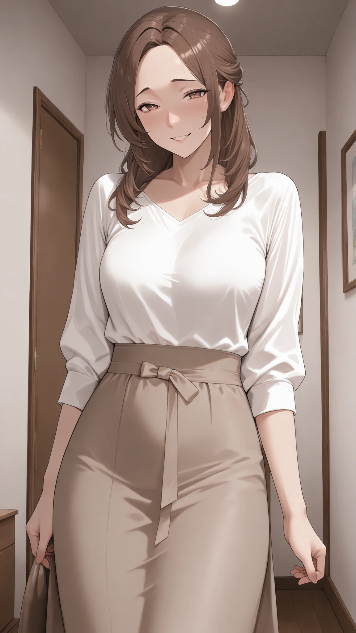 masterpiece, Highest Quality, mature女, mature, Housewife, naughty face, brown hair, chignon hair, hair between eyebrows, brown eyes, medium chest, white shirt, long brown skirt, standing in the living room, high resolution, Extremely High Image Quality,