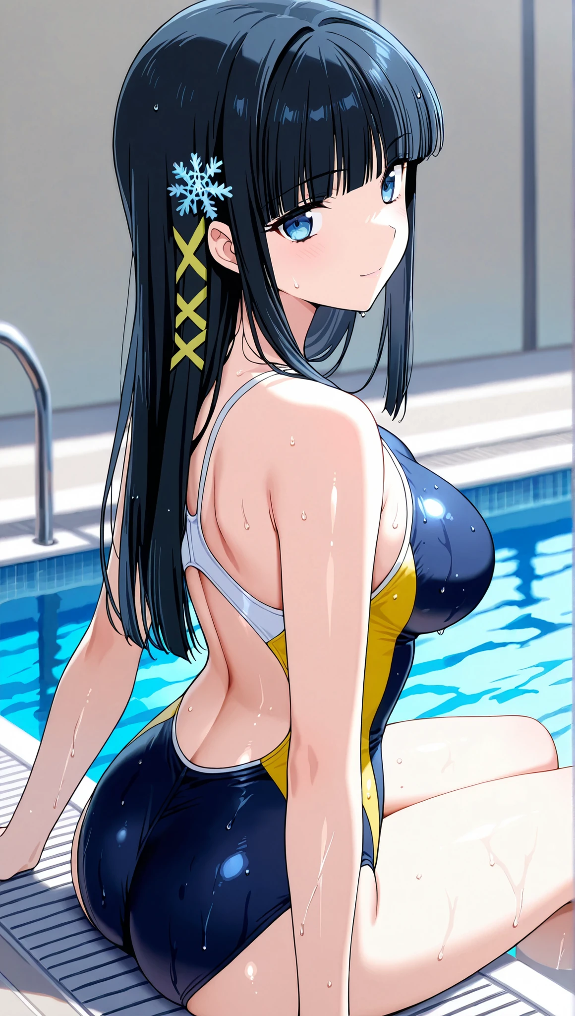 [[miyuki250219]],1lady, beauty, glossy lips,Rouge,detail eyes,dynamic angle,from below,(poolside:1.3),anime,from behind,

shiba miyuki, black hair,long hair, blunt bangs, eyebrows visible through hair, blue eyes, snowflake hair ornament, (yellow x hair ornament:1.3),school swim suit, , ,(large breasts:0.8),light smile,

,cowboy shot,Archerjeanne2nd,one-piece swimsuit,wet,sitting,

 score_9, score_8_up , score_7_up , score_6_up , score_5_up , score_4_up ,Clip skip :2,(masterpiece:1.3), (extremely detailed CG unity 8k wallpaper),top quality , amazing quality, high resolution, Absurd, very aesthetic, high resolution, (ultra detail), perfect detail,(extremely detailed CG,masterpiece, highres icon,absurdres,4K),
