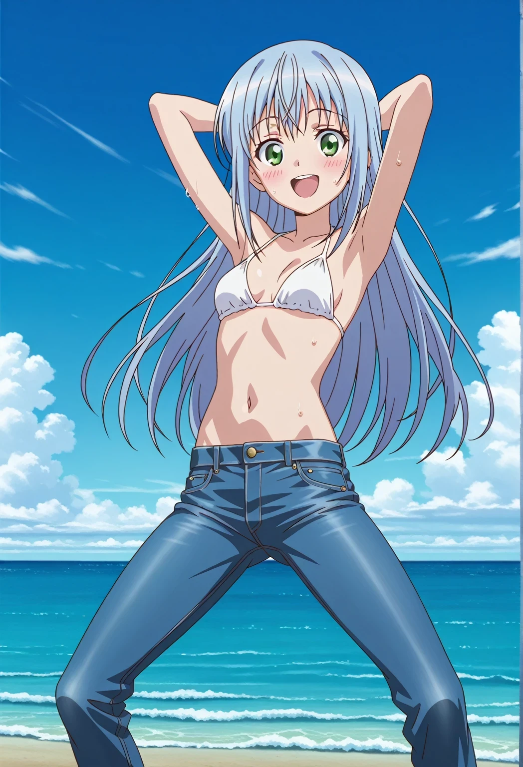 score_9, score_8_up, score_7_up, source_anime, highres, hi res, ((best quality, top quality, perfect quality, Highest Quality, amazing quality)), {{masterpiece}}, {{an extremely delicate and beautiful}}, 2d, intricate details, official style, anime, 8k, anime style, official_anime, official art, digital painting, cell shading, soft shading, high resolution, soothing tones, Subdued Color, Soft cinematic light, adobe lightroom, photolab, HDR, intricately and hyper-detailed, ((high quality animation)), 1 girl, Alone, solo, ((ocean)), tsunami, on the water, day, sunny, outdoors, sky, windy, index librorum prohibitorum, green eyes, light blue hair, long hair, anime screencap, small breasts, white bikini top, best quality, hyper-detailed jeans, ((blue jeans:1.9)), (dark blue jeans:0.6), full medium body, medium shot, Open mouth, smiling, happy face, blush, sweat, standing, ((arms behind head:6.0)), bowlegged, sliding pose, action, looking at viewer, spread legs, Bend knees slightly, straight-on front view