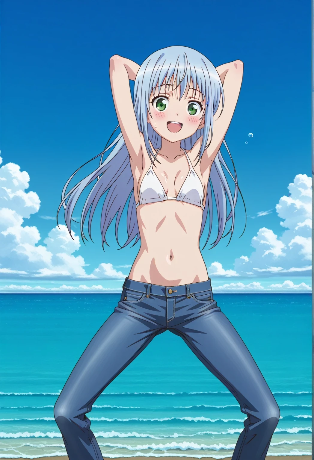score_9, score_8_up, score_7_up, source_anime, highres, hi res, ((best quality, top quality, perfect quality, Highest Quality, amazing quality)), {{masterpiece}}, {{an extremely delicate and beautiful}}, 2d, intricate details, official style, anime, 8k, anime style, official_anime, official art, digital painting, cell shading, soft shading, high resolution, soothing tones, Subdued Color, Soft cinematic light, adobe lightroom, photolab, HDR, intricately and hyper-detailed, ((high quality animation)), 1 girl, Alone, solo, ((ocean)), tsunami, on the water, day, sunny, outdoors, sky, windy, index librorum prohibitorum, green eyes, light blue hair, long hair, anime screencap, small breasts, white bikini top, best quality, hyper-detailed jeans, ((blue jeans:1.9)), (dark blue jeans:0.6), full medium body, medium shot, Open mouth, smiling, happy face, blush, sweat, standing, ((arms behind head:6.0)), bowlegged, sliding pose, action, looking at viewer, spread legs, Bend knees slightly, straight-on front view