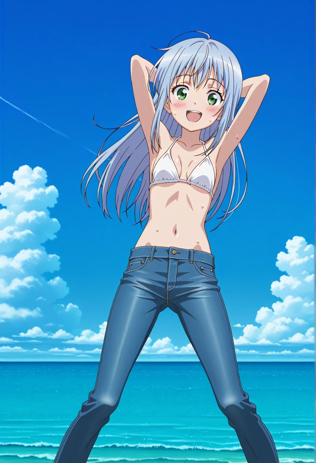 score_9, score_8_up, score_7_up, source_anime, highres, hi res, ((best quality, top quality, perfect quality, Highest Quality, amazing quality)), {{masterpiece}}, {{an extremely delicate and beautiful}}, 2d, intricate details, official style, anime, 8k, anime style, official_anime, official art, digital painting, cell shading, soft shading, high resolution, soothing tones, Subdued Color, Soft cinematic light, adobe lightroom, photolab, HDR, intricately and hyper-detailed, ((high quality animation)), 1 girl, Alone, solo, ((ocean)), tsunami, on the water, day, sunny, outdoors, sky, windy, index librorum prohibitorum, green eyes, light blue hair, long hair, anime screencap, small breasts, white bikini top, best quality, hyper-detailed jeans, ((blue jeans:1.9)), (dark blue jeans:0.6), full medium body, medium shot, Open mouth, smiling, happy face, blush, sweat, standing, ((arms behind head:6.0)), bowlegged, sliding pose, action, looking at viewer, spread legs, Bend knees slightly, straight-on front view