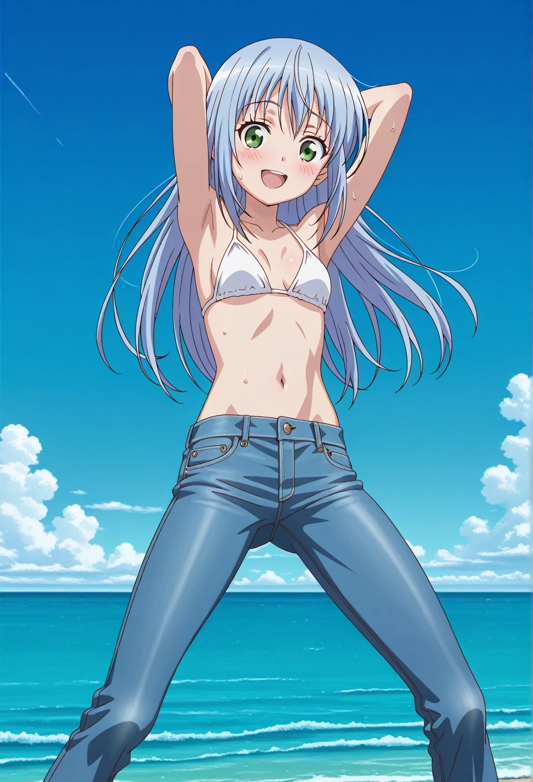 score_9, score_8_up, score_7_up, source_anime, highres, hi res, ((best quality, top quality, perfect quality, Highest Quality, amazing quality)), {{masterpiece}}, {{an extremely delicate and beautiful}}, 2d, intricate details, official style, anime, 8k, anime style, official_anime, official art, digital painting, cell shading, soft shading, high resolution, soothing tones, Subdued Color, Soft cinematic light, adobe lightroom, photolab, HDR, intricately and hyper-detailed, ((high quality animation)), 1 girl, Alone, solo, ((ocean)), tsunami, on the water, day, sunny, outdoors, sky, windy, index librorum prohibitorum, green eyes, light blue hair, long hair, anime screencap, small breasts, white bikini top, best quality, hyper-detailed jeans, ((blue jeans:1.9)), (dark blue jeans:0.6), full medium body, medium shot, Open mouth, smiling, happy face, blush, sweat, standing, ((arms behind head:6.0)), bowlegged, jumping pose, action, looking at viewer, spread legs, Bend knees slightly, straight-on front view