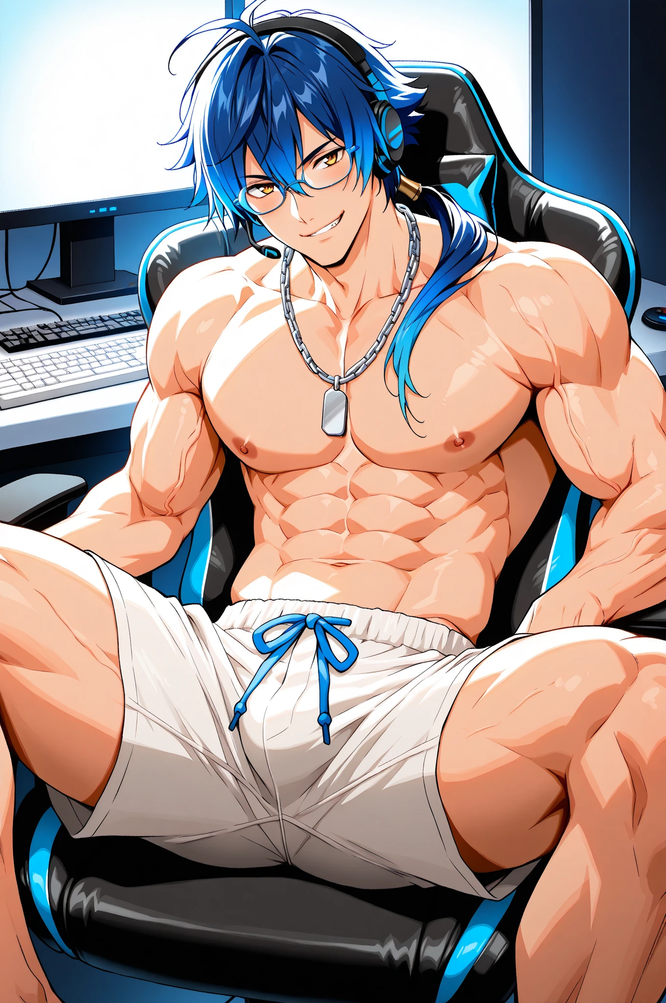 Yukito Yanagi, boy, in a gaming chair, shirtless, athletic physique, playing video game and listening to music, (high quality, 3D render)