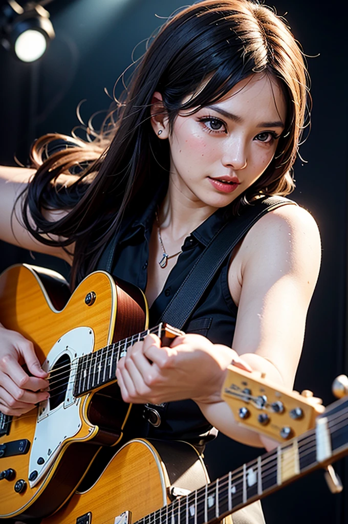 23 years old, big breasts, winter, european cityscape, (play guitar:2),night, outdoors, wearing a black dress,(half body:2), ((8k, RAW photo, highest quality, debris flies:1.2), (reality, reality的な:1.4), (Highly detailed 8k wallpaper), soft light, Details beauty eye, Shiny and smooth light brown hair, shiny skin, super dense skin, High resolution, detailed hairstyle, detailed beauty face, hyper real, perfect limbs, perfect , 1 Japanese girl, perfect female body, shy smile, short eyelashes, double eyelid, Hair style is ponytail, Realistic Red Sotheby Girl Photo, short bob cut,