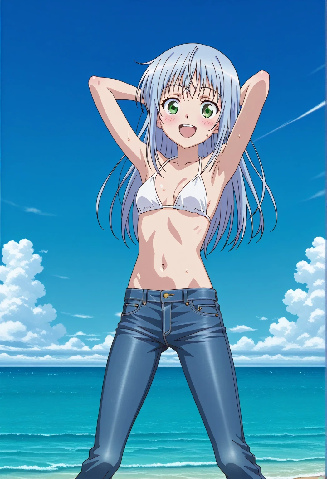 score_9, score_8_up, score_7_up, source_anime, highres, hi res, ((best quality, top quality, perfect quality, Highest Quality, amazing quality)), {{masterpiece}}, {{an extremely delicate and beautiful}}, 2d, intricate details, official style, anime, 8k, anime style, official_anime, official art, digital painting, cell shading, soft shading, high resolution, soothing tones, Subdued Color, Soft cinematic light, adobe lightroom, photolab, HDR, intricately and hyper-detailed, ((high quality animation)), 1 girl, Alone, solo, ((ocean)), tsunami, on the water, day, sunny, outdoors, sky, windy, index librorum prohibitorum, green eyes, light blue hair, long hair, anime screencap, small breasts, white bikini top, best quality, hyper-detailed jeans, ((blue jeans:1.9)), (dark blue jeans:0.6), full medium body, medium shot, Open mouth, smiling, happy face, blush, sweat, standing, ((arms behind head:6.0)), bowlegged, jumping pose, action, looking at viewer, spread legs, Bend knees slightly, straight-on front view