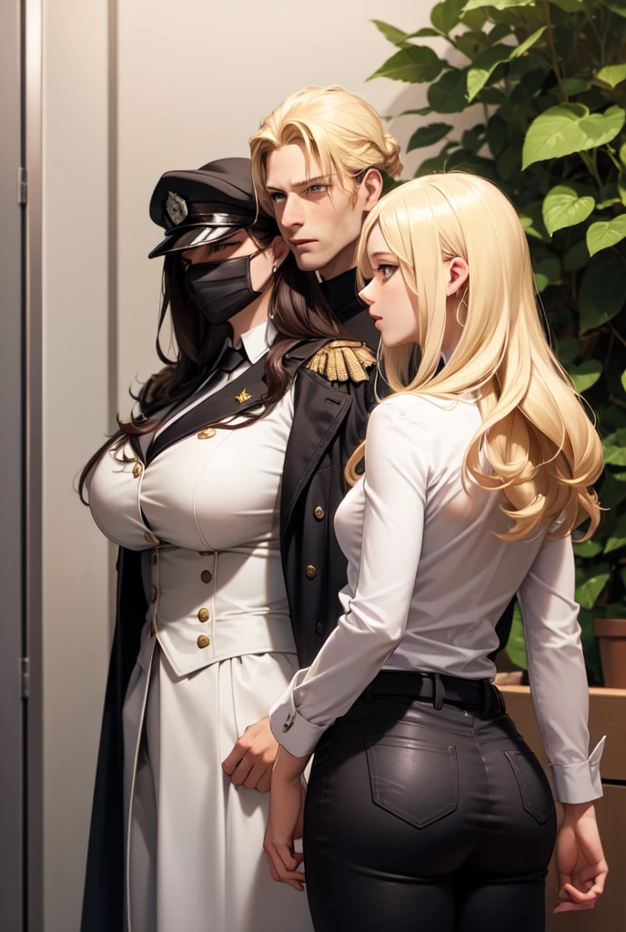 Lonely young adult girl, Tall stature, little ?????, closed mouth, Slavic appearance: Green eyes; blond hair; sharp facial features; dimple on the chin; Straight nose; high nose; pronounced high cheekbones; high forehead, stands upright, (????????????????:1.4), detailed face, military uniform:  double-breasted overcoat; pants, Full-length painting, leather gloves