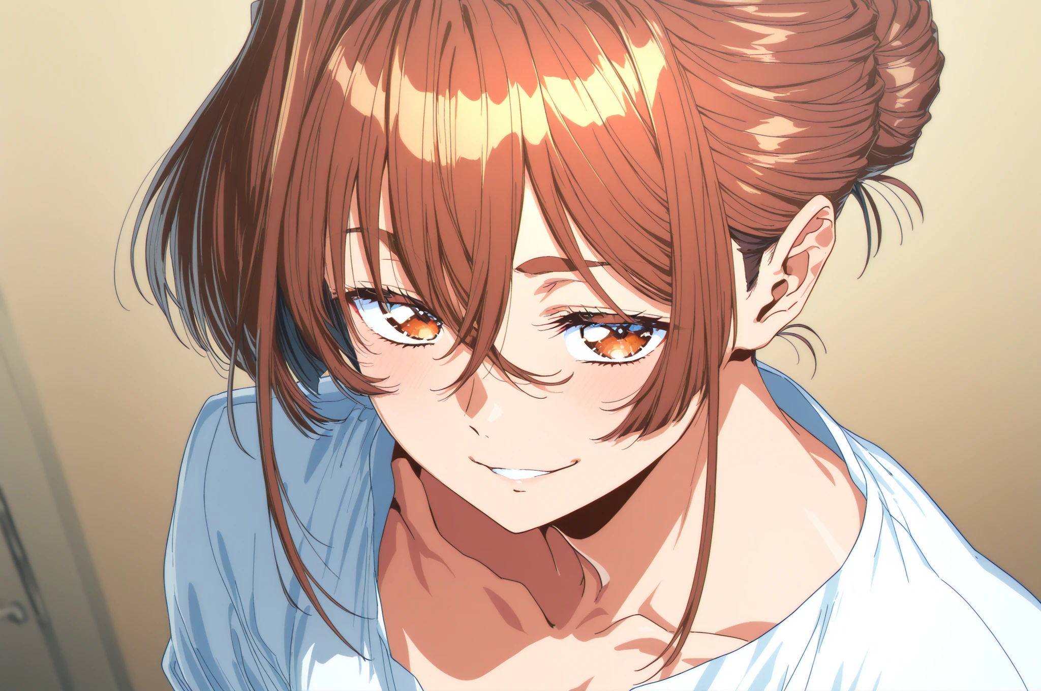 (Yokota Mamoru style),(portrait :1.4),masterpiece, Highest Quality, mature, Housewife, naughty face, brown hair, chignon hair, hair between eyebrows, brown eyes, medium chest, white shirt, high resolution, Extremely High Image Quality,