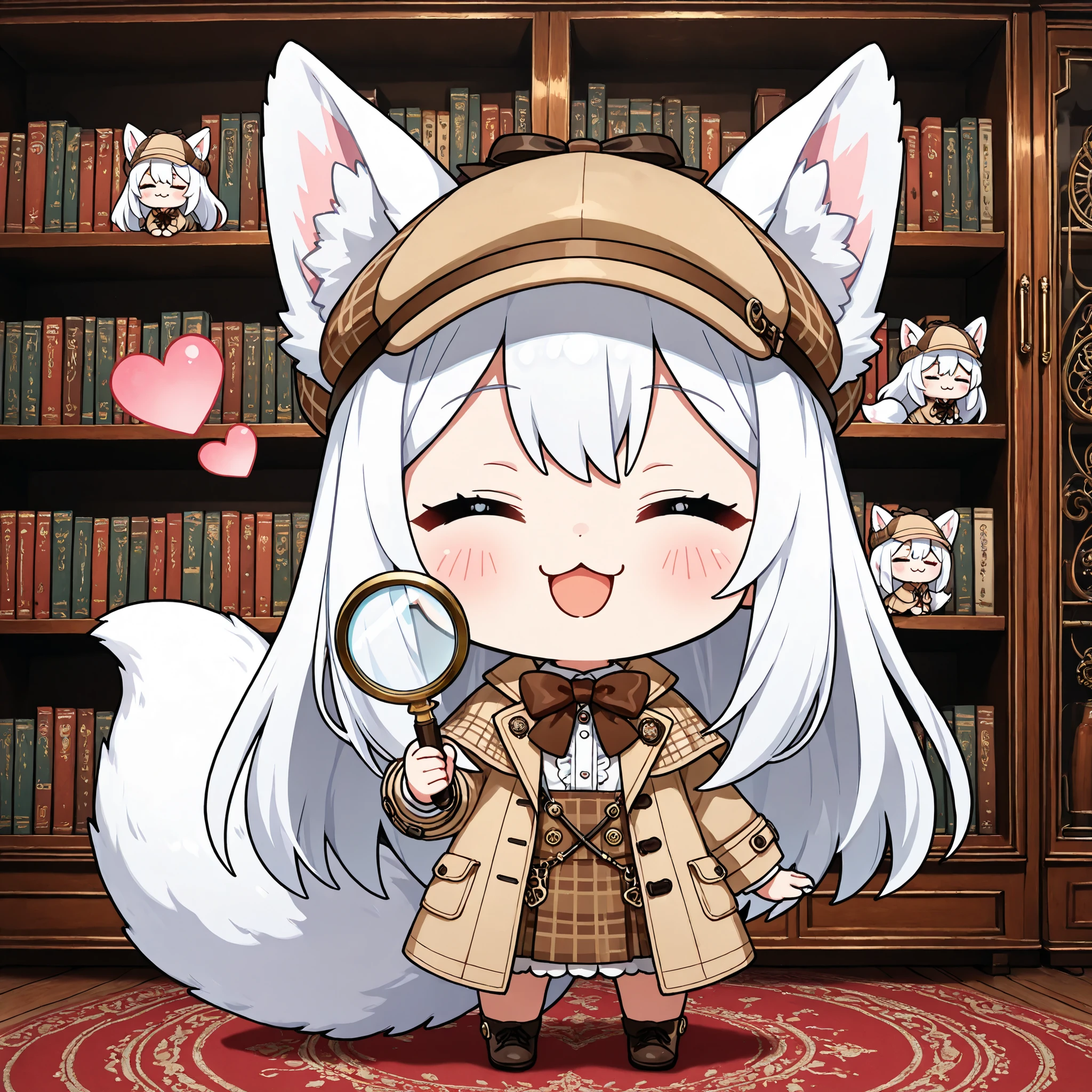 (masterpiece), (best quality), chibi, stylized, around 2.5 to 3 heads tall, small body, proportionally big head, official art style, thick outlines, clean lines, vibrant colors, cute, expressive,
1 (chibi girl),(solo),white hair,long hair,straight hair,baby face,cute,kawaii,BREAK (white fox tail),fluffy tail,(white fox ears),pink inner ear,(white inner ear hair),
wearing a brown plaid detective outfit, matching deerstalker hat, long beige coat, neat shirt and ribbon tie,classic mystery style,
(:3),smile,(closed eyes:1.2),blush,open mouth,look at viewer,
holding a magnifying glass,
bookshelf,vintage interior,
full body,heart,