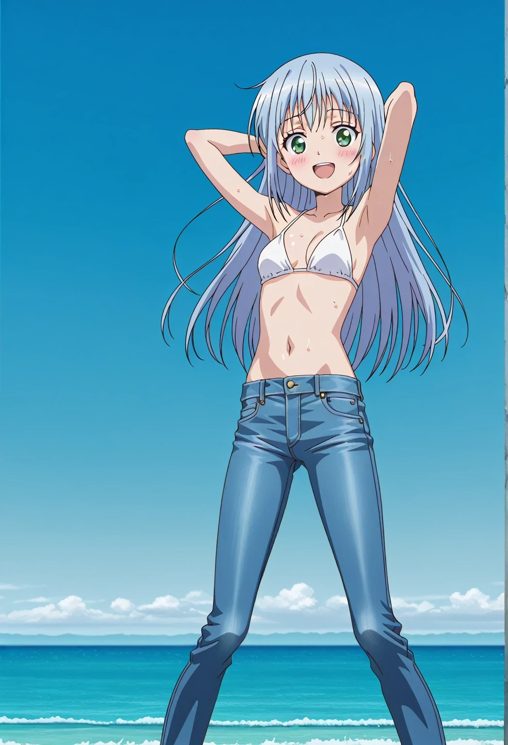 score_9, score_8_up, score_7_up, source_anime, highres, hi res, ((best quality, top quality, perfect quality, Highest Quality, amazing quality)), {{masterpiece}}, {{an extremely delicate and beautiful}}, 2d, intricate details, official style, anime, 8k, anime style, official_anime, official art, digital painting, cell shading, soft shading, high resolution, soothing tones, Subdued Color, Soft cinematic light, adobe lightroom, photolab, HDR, intricately and hyper-detailed, ((high quality animation)), 1 girl, Alone, solo, ((ocean)), tsunami, on the water, day, sunny, outdoors, sky, windy, index librorum prohibitorum, green eyes, light blue hair, long hair, anime screencap, small breasts, white bikini top, best quality, hyper-detailed jeans, ((blue jeans:1.9)), (dark blue jeans:0.6), full medium body, medium shot, Open mouth, smiling, happy face, blush, sweat, standing, ((arms behind head:6.0)), bowlegged, sliding pose, action, looking at viewer, spread legs, Bend knees slightly, straight-on front view