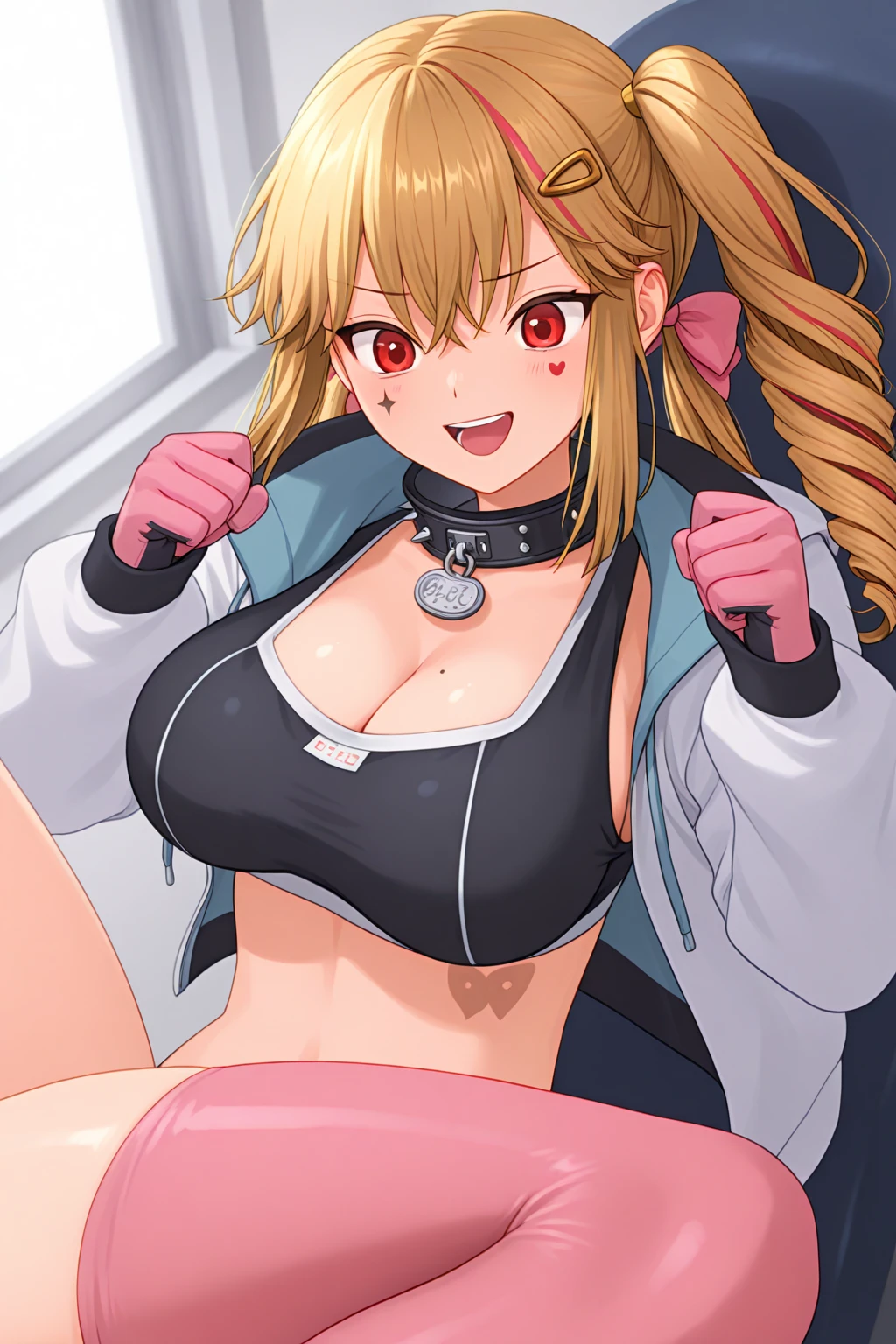  with squatting pose、grin、(Big Breasts)、curvy、(((((1 girl)))))、night、Dark Back Alley、high school girl、((owncast eyes))、Wearing a jersey、Blonde、dutch angle、from below、Fisheye Lens