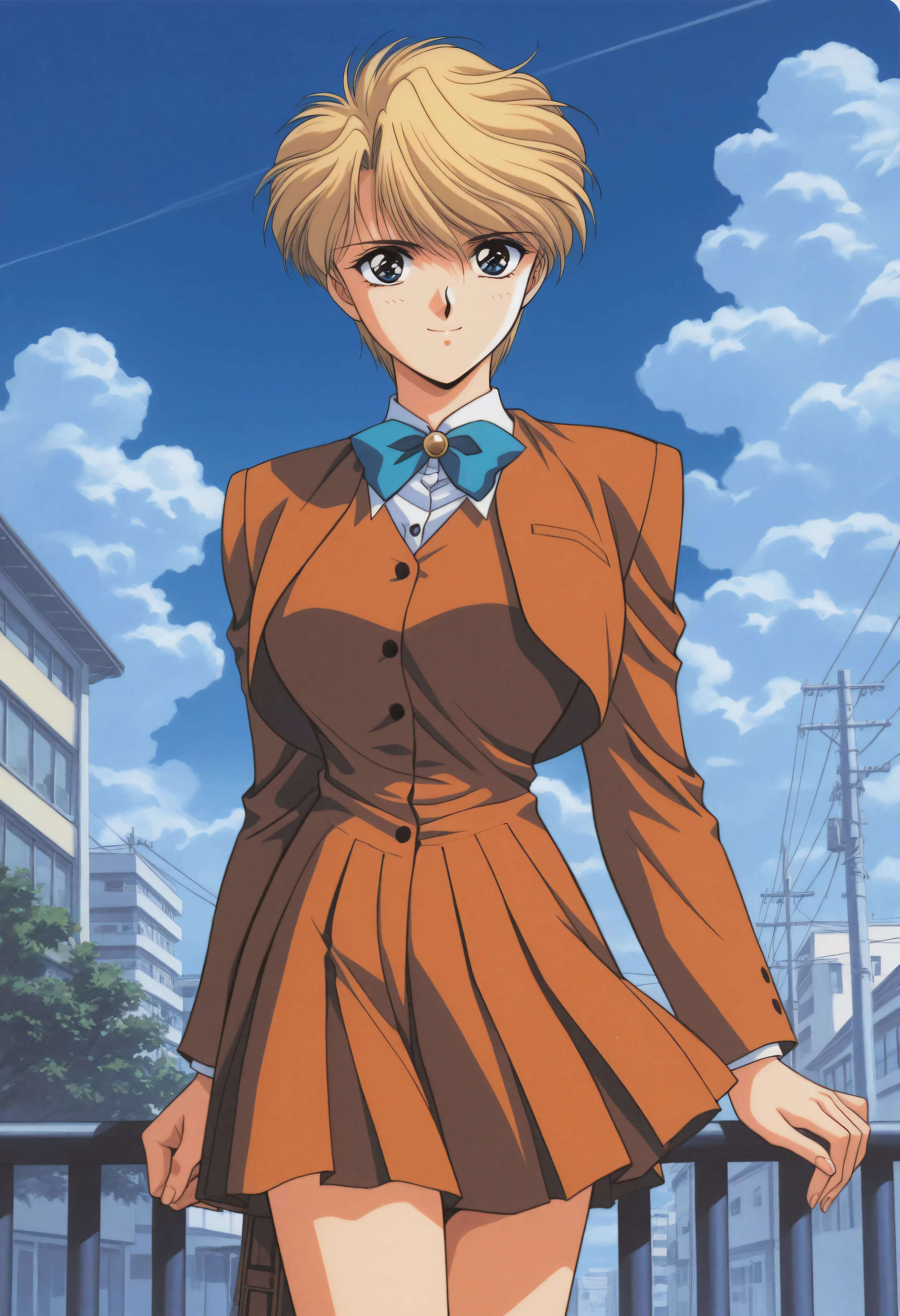 masterpiece, best quality, source_anime,official art,perfect_anatomy,1990s_\(style\),retro_artstyle,yui hongo,1girl,blue eyes,blonde hair,short hair,very short hair,,looking_at_viewer,smile,cowboy shot,day,school uniform,ribbon,blue_sky,cloud,large breasts,