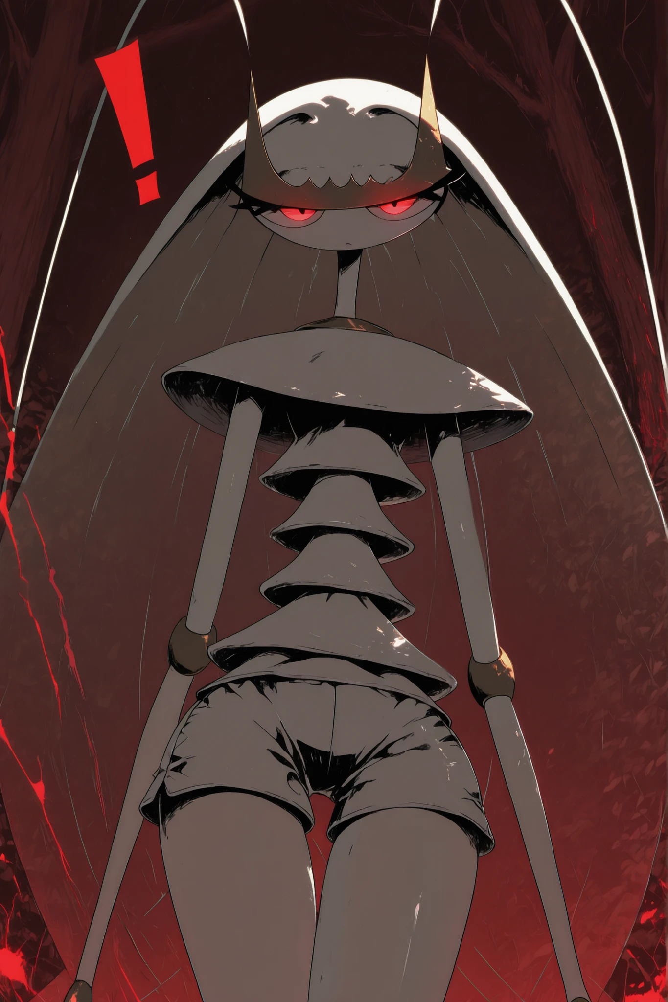 ((Pheromosa from Pokemon)), White Body, misty forest Background,Wide Hips, Thin Waist, Very Thin Waist, ((Wasp Waist)), Solo, vibrant colors, cel shading, Simplistic Art Style, solo, (red single exclamation mark:1.5),(glowing red eyes:1.4),(oyabun),look at viewer,
,(赤く光る目:1.4),