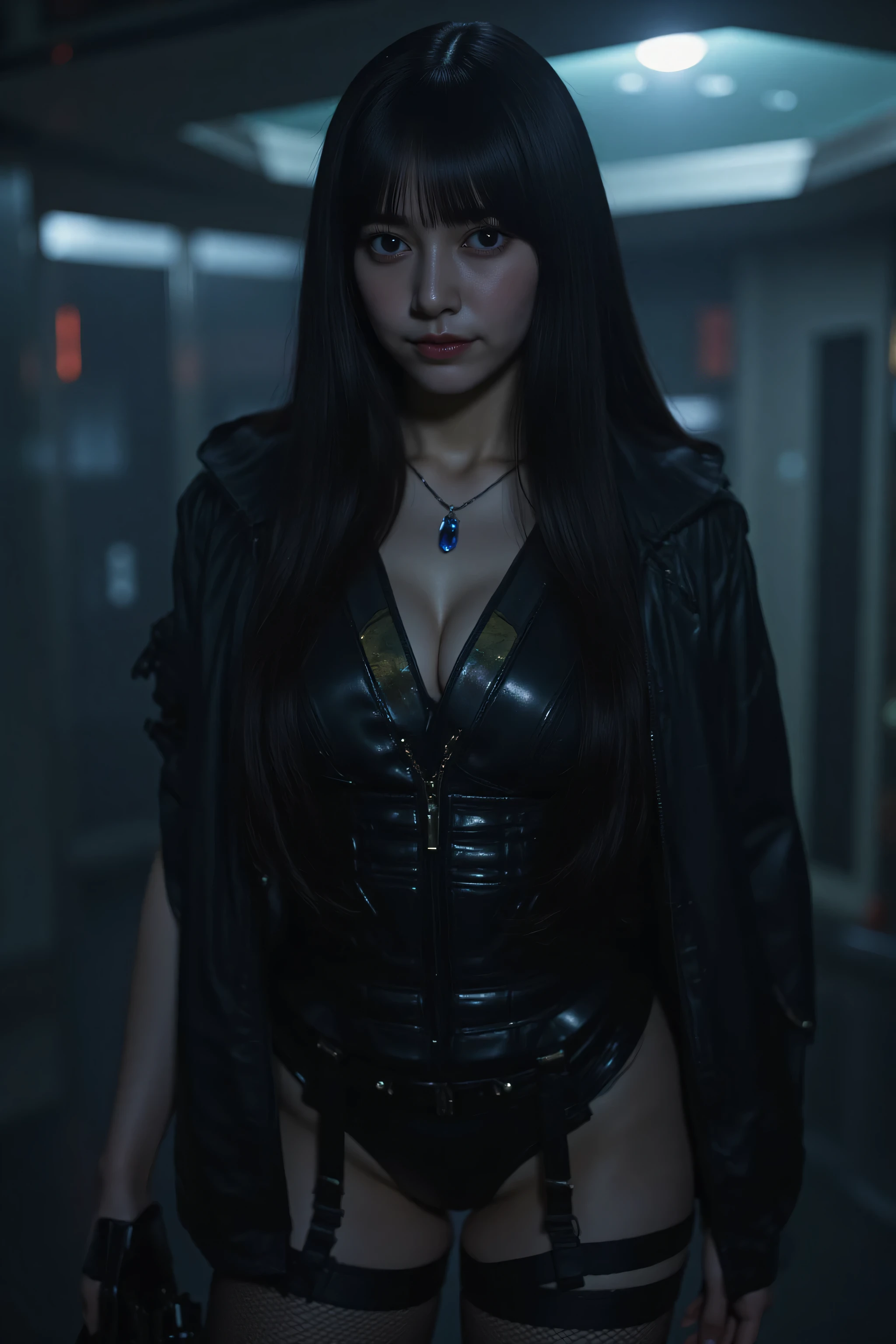 (((The pitch-dark interior of the Nostromo ship:2.0))),(((HR Gigger Style Cyberpunk Atmosphere:2.0))),(((holding a Japanese sword:2.0))),A woman,(cute faces getting creampied:1.5),(Beautiful well-balanced face :1.7),((long hair:2.0)),(dark haired:1.5),(beautiful eyes:1.3),Glamorous Shot of a 20 Year Old Japanese Woman,Beautiful Slender Body,((model body type:2.0)),((slim body:1.7)),Perfect Body Line,blue crystal necklace,((BIG BREASTS:2.0)),((F cup chest:1.5)),big boobs,Bare thighs,sensual thighs,delicate body,(muscular:1.7),a harmonious posture,((Realistic breast depiction :1.7)),((Carefully Depicting Limbs Based on Perfect Anatomy:2.0)),((ハーネス付のSamurai Armor Style Super High Leg Leotard:2.0)),((Samurai Armor Style Super High Leg Leotard:2.0)),((((Samurai Armor Style Black Military Jacket:2.0))),((Tactical Holster:2.0)),(Gloves:1.7),((((thick fishnet tights:2.0)))),Concept Art,(Highest Quality:1.5),(masterpiece:1.5),(超高Resolution),Resolution,UHD,(delicate depiction),carefully drawn,32k,((realistic skin texture:1.5)),(((Ultra Realistic:1.5))),carefully drawn eyelashes,highly detailed face,highly detailed female hands, Sexy appearance ,very sensual,(Blurry, dim background:1.5),Pro Photo Shoot,(Movie Lights:2.0),((Blade Runner Style Lighting:2.0))