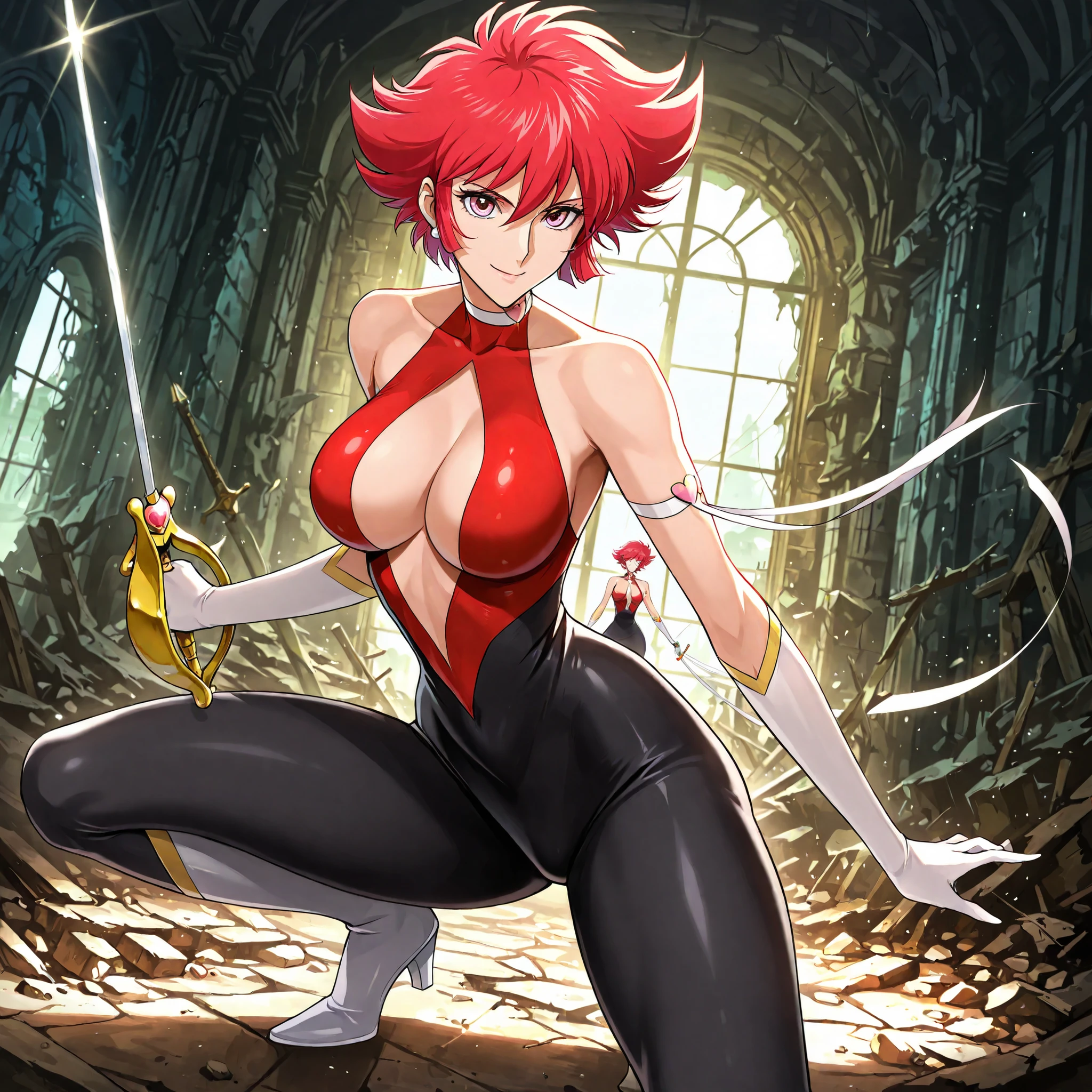 masterpiece, best quality, indoors, cinematic lighting, amazing quality, very aesthetic, absurdres, best quality, newest, year 2023,  Cutie Honey, Main Outfit, solo, looking at viewer, smile, holding, closed mouth, weapon, sword, holding weapon, holding sword, squatting, center opening, rapier, indoors, ruins,  <lora:JN_Cutie_Honey_Illus:0.8>