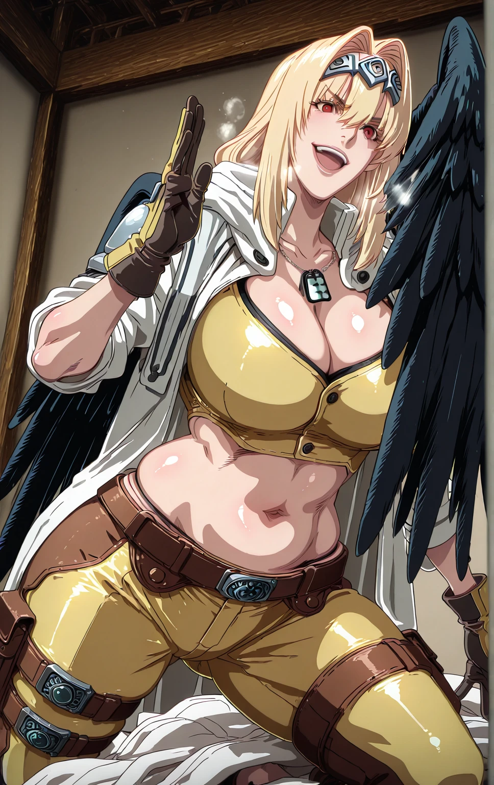 Babu-style, Hgk, (butcha-u-style:1.2), (imizu_(nitro_unknown)-style:1.4), (puripuri_jet-style:1.2), (takeuchi_takashi-style:1.3), (anime coloring, anime screencap), shiny skin, (voluptuous body:1.4), (mature female:1.4), (cellulite:1.3), ((anatomical correct)), ((Cinematic, unreal engine, eye-catching, ambient occlusion, UHD, masterpiece)), ((perfect lighting, soft shadow)), perfect body, perfect eyes, perfect fingers, gasping, heavy breathing, gasping profusely, ((skindentation)), ((curvy)), ruphas mafahl, blonde hair, red eyes, hair between eyes, long hair, hair intakes, feathered wings, large wings, black wings, headpiece, plump, ((vignetting)), 1girl, gloves, solo, breasts, dog_tags, pants, belt, cleavage, navel, fighting_stance, midriff, military, crop_top, ribbon, looking_at_viewer, hollow eyes, smirk, upper teeth