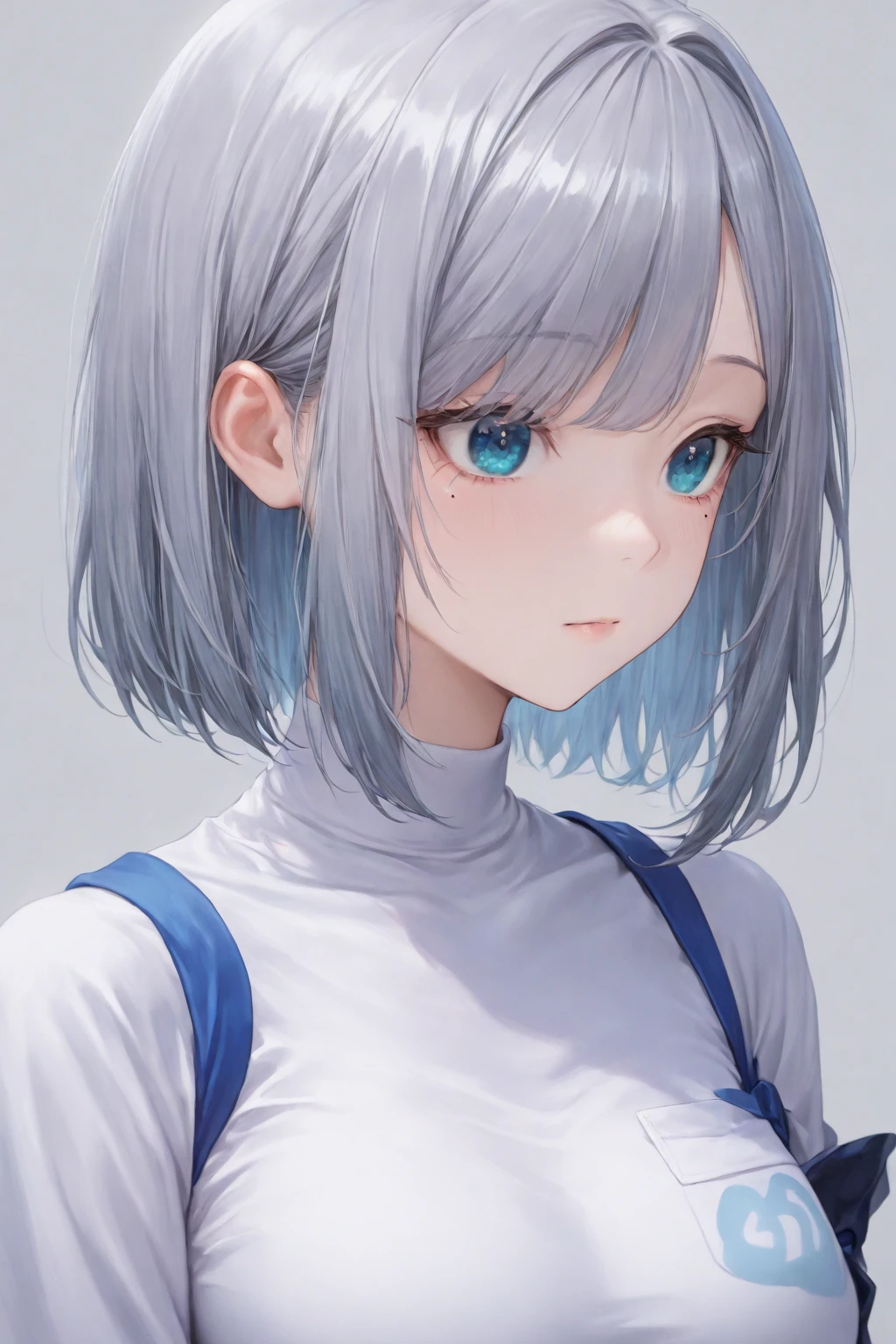 loking at viewer, light smile, blush,, o, cowboy shot, v arms, short silver hair, blue eyes, serious looks. looking at viewer, cowboy shot, solo, silver bunny ears, one bed #Anime. lack , fur trim, gloves, blue boots floating armor, power armror